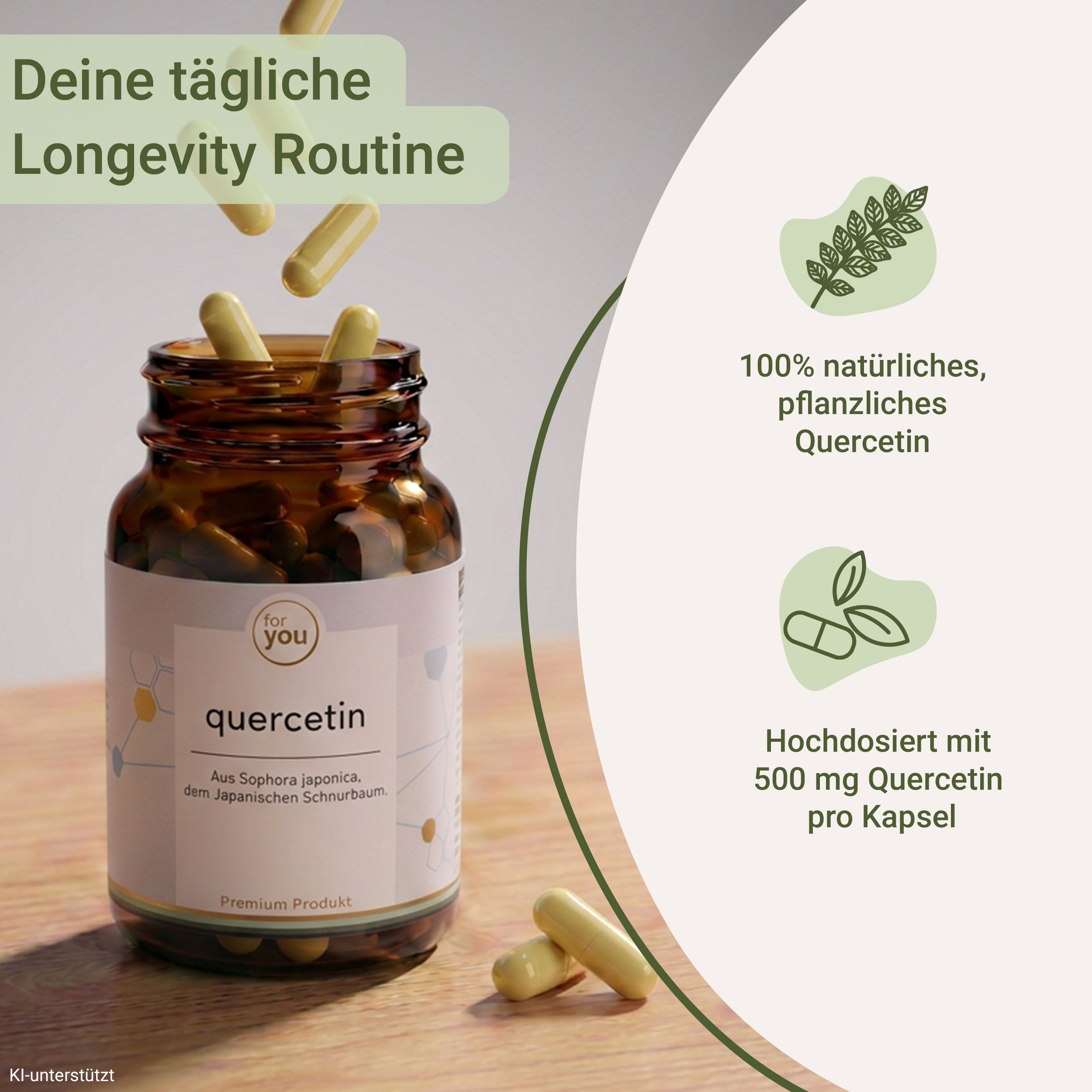 Quercetin-Kapseln fallen aus einer Flasche, daneben Icons mit Produkteigenschaften.