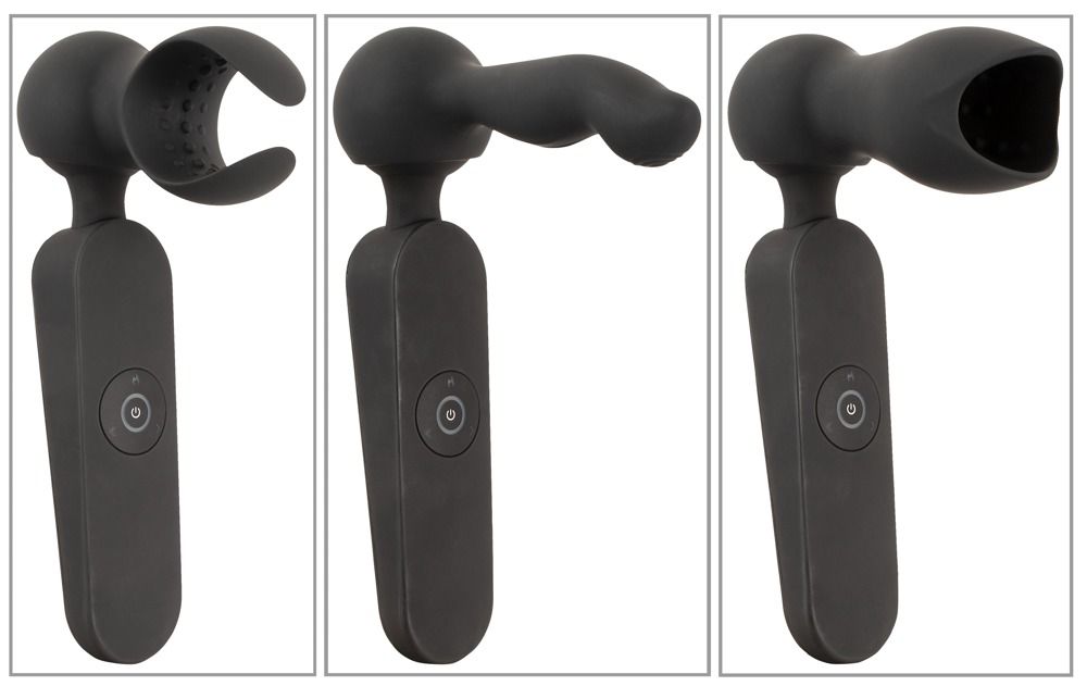 Drei schwarze Vibratoren mit unterschiedlichen Aufsätzen. Jeder Vibrator hat einen Bedienknopf.