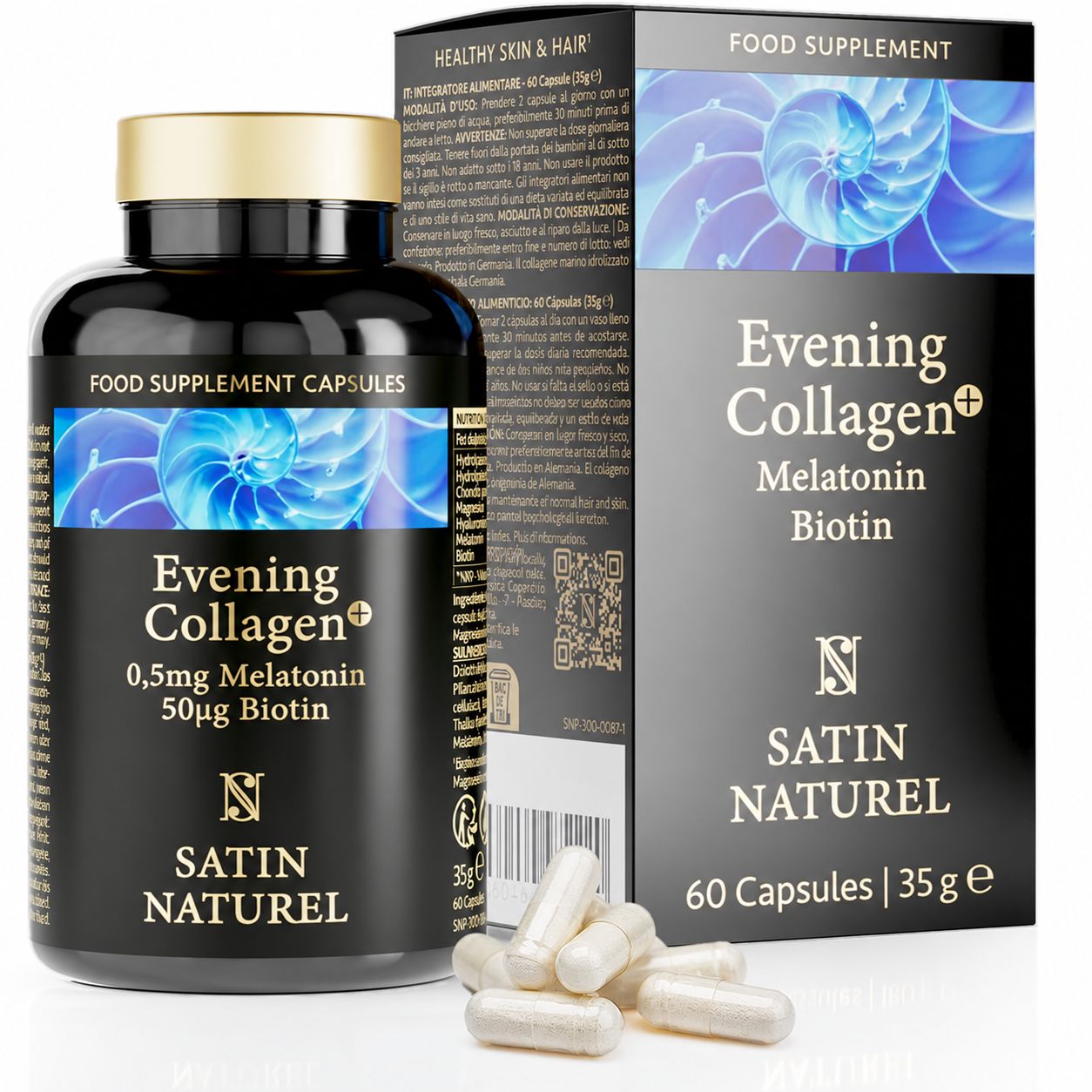 Flasche und Schachtel Satin Naturel Abendkollagen Kapseln. 60 Kapseln, 35g. Enthält Melatonin, Biotin.