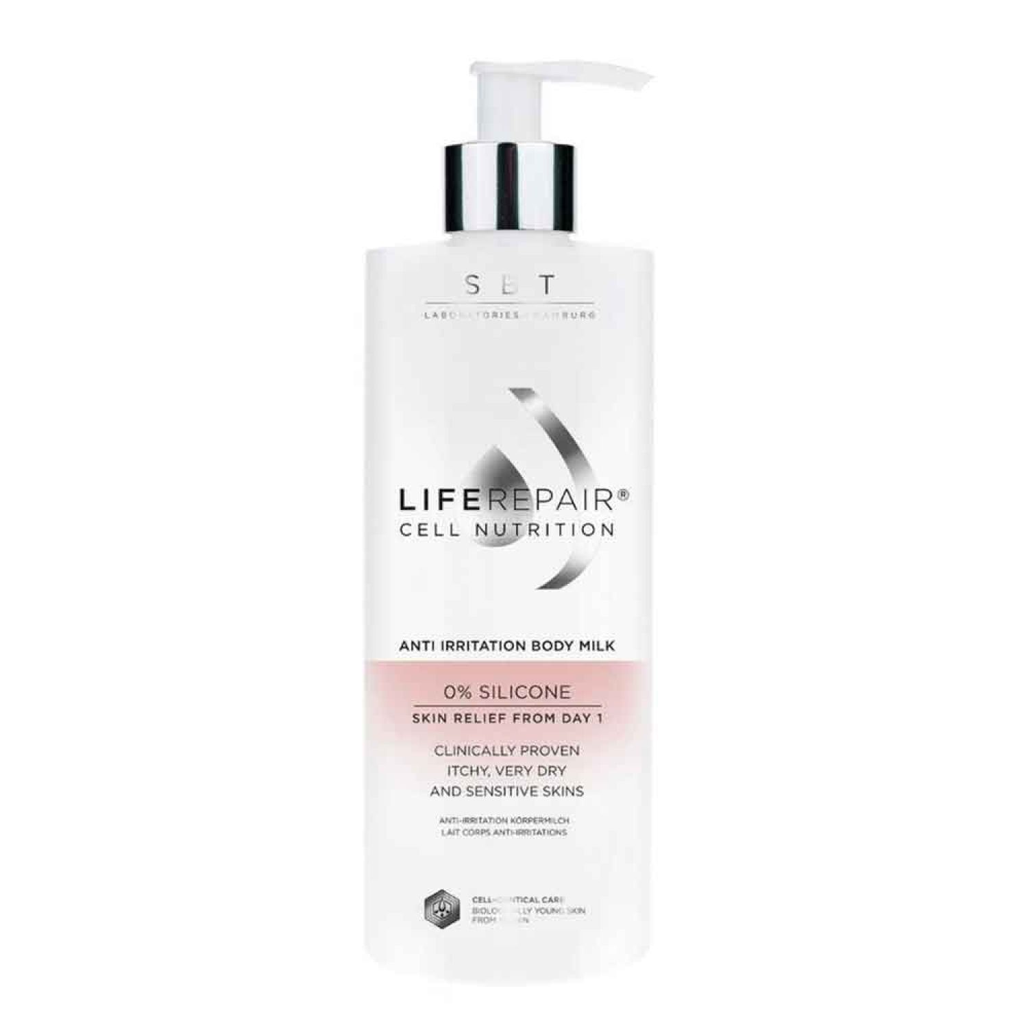 Weiße Flasche mit Pumpe. Aufschrift: LIFE REPAIR CELL NUTRITION, Anti-Irritation Body Milk. 0% Silicone. Für empfindliche Haut.