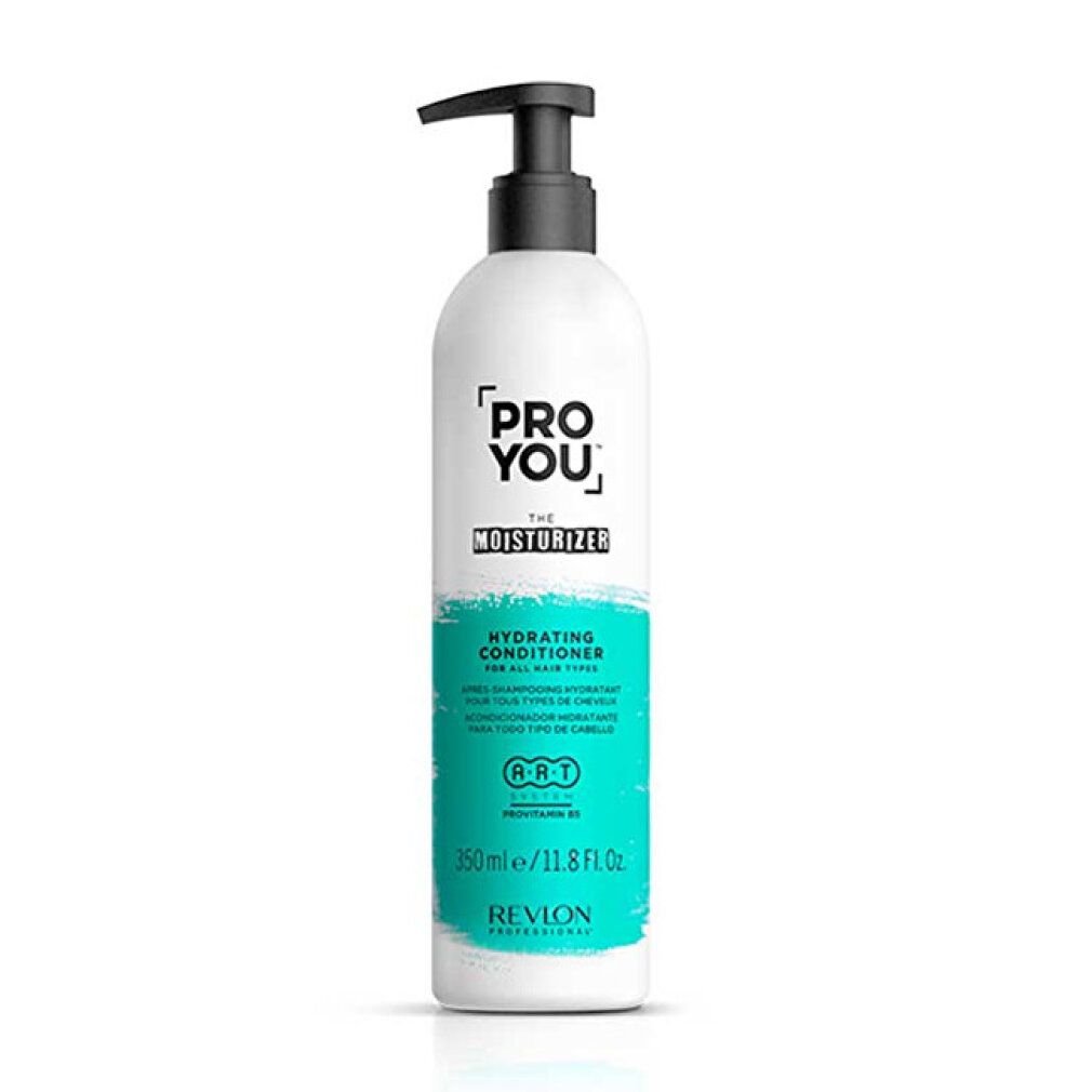 Weiße Flasche mit schwarzem Pumpkopf. Aufschrift: PRO YOU THE MOISTURIZER, Hydrating Conditioner. Marke Revlon.
