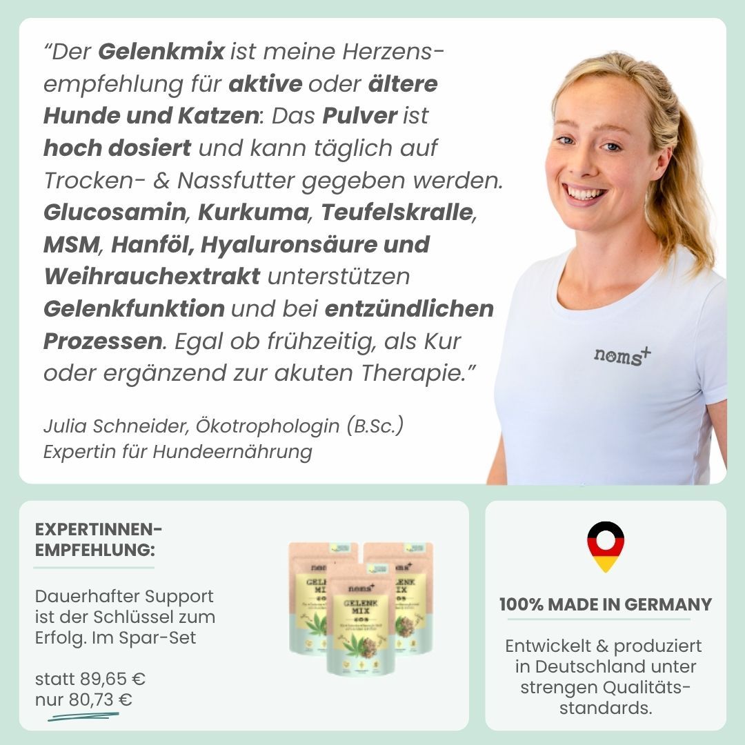Expertin empfiehlt Noms+ Gelenkmix, Produktpackungen und 'Made in Germany' Siegel.