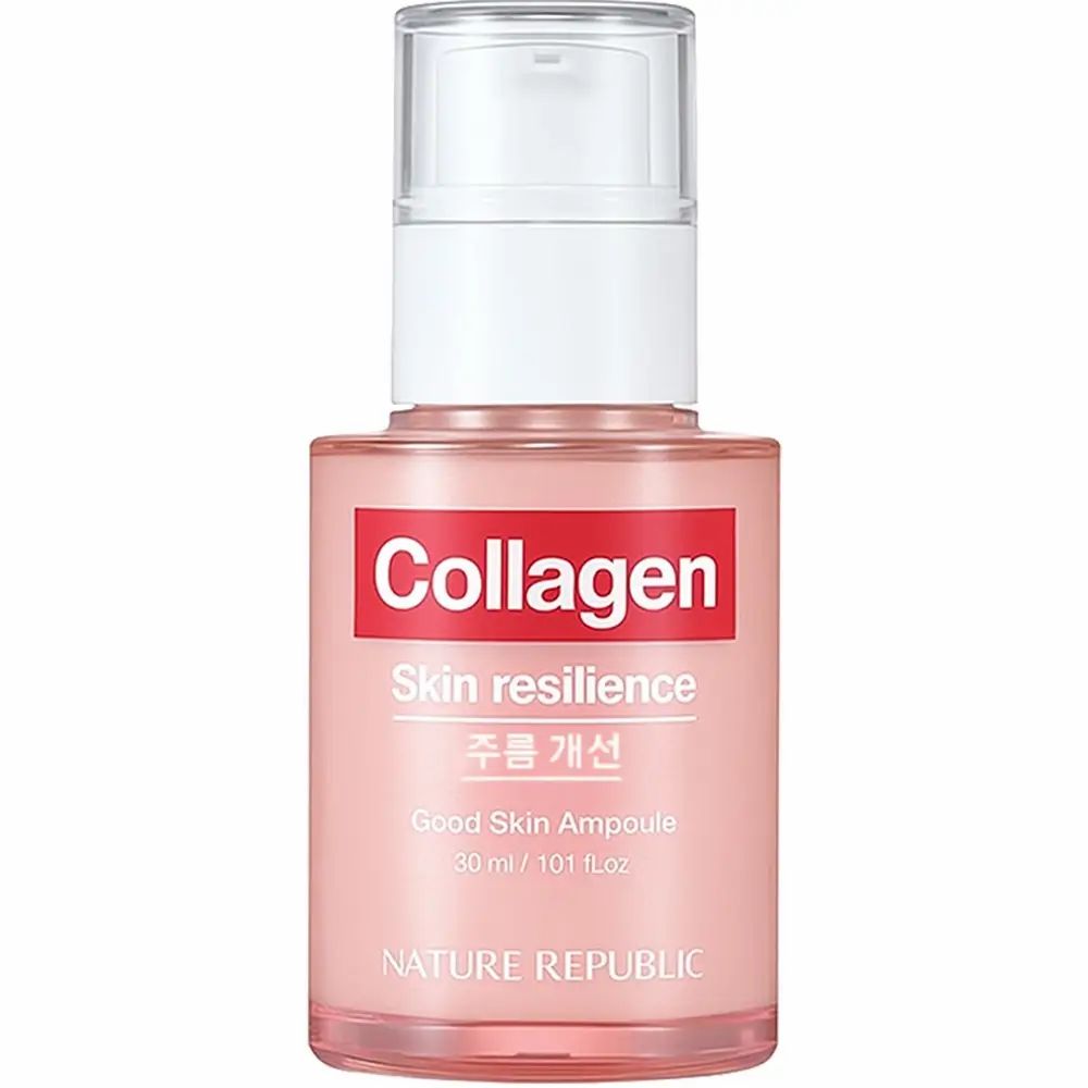 Rosa Glasflasche mit weißem Pumpverschluss. Aufschrift "Collagen Skin resilience" und "NATURE REPUBLIC".