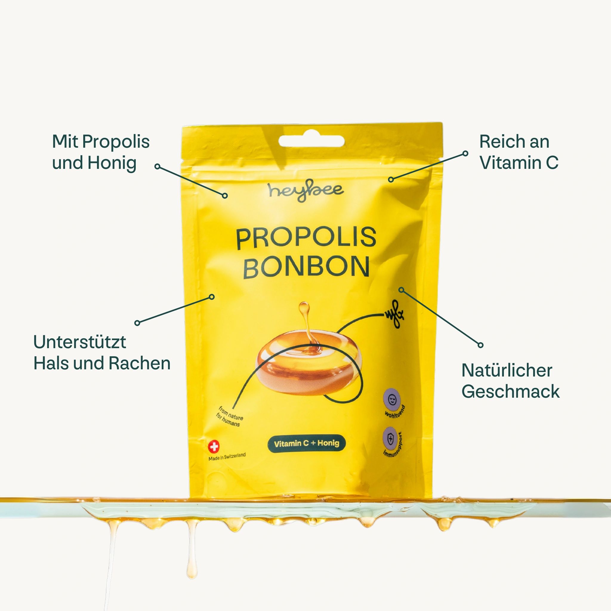 Gelbe Verpackung Heybee Propolis Bonbon. Text: Propolis Bonbon, Vitamin C + Honig. Mit Propolis und Honig. Reich an Vitamin C.
