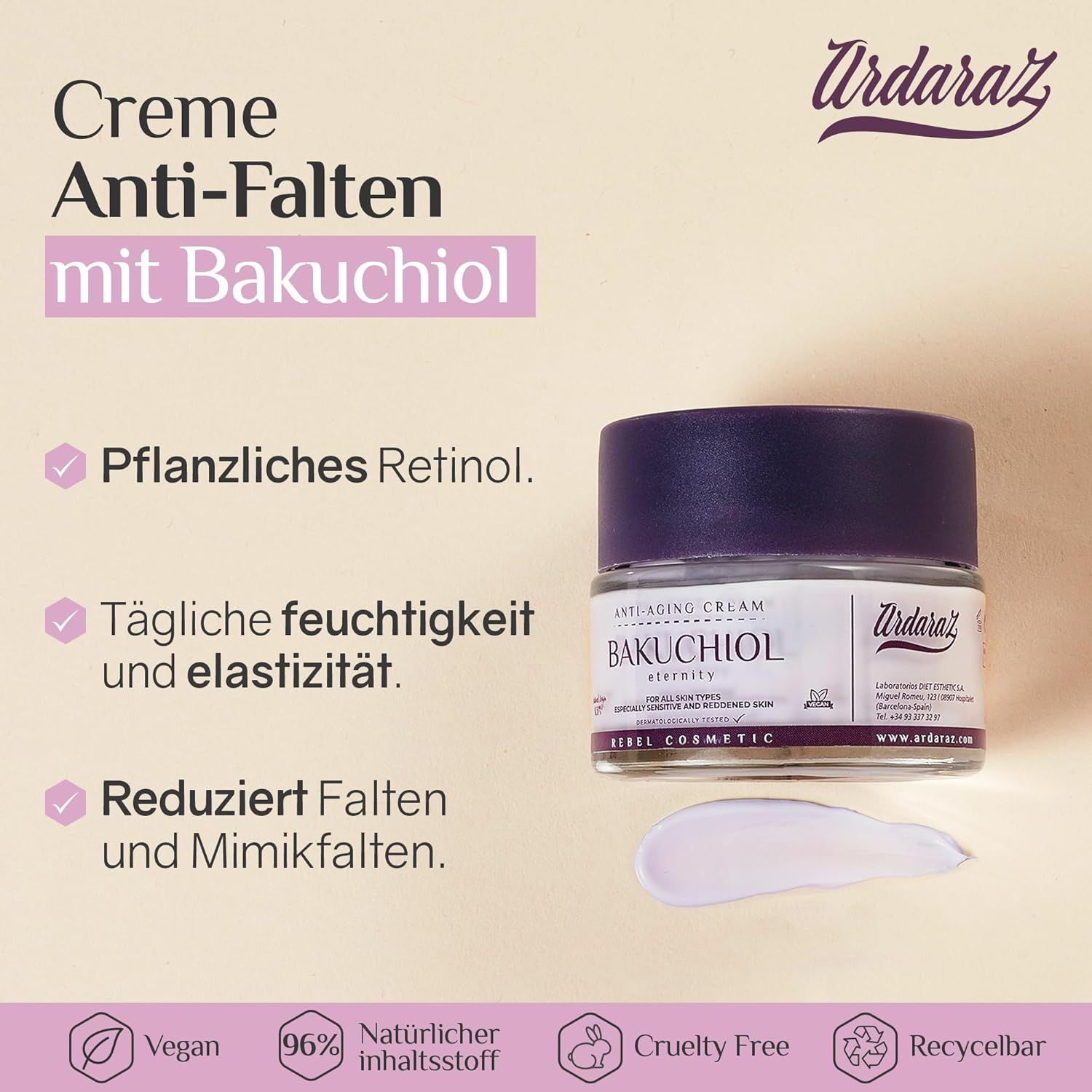 Creme-Glas mit Deckel, daneben Creme-Klecks. Text: Creme Anti-Falten mit Bakuchiol. Eigenschaften: pflanzliches Retinol, feuchtigkeit, reduziert Falten.