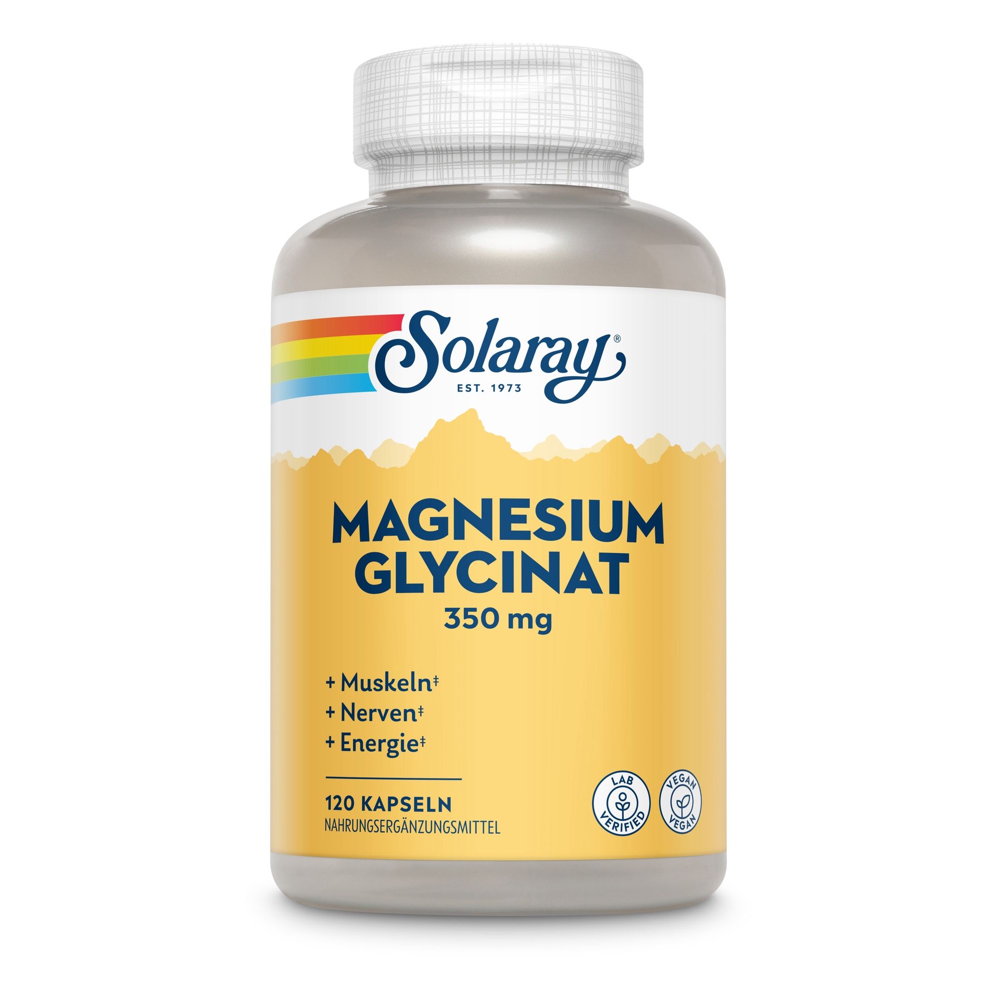 Weißes Fläschchen Solaray Magnesium Glycinat 350 mg. Text: + Muskeln, + Nerven, + Energie. 120 Kapseln.