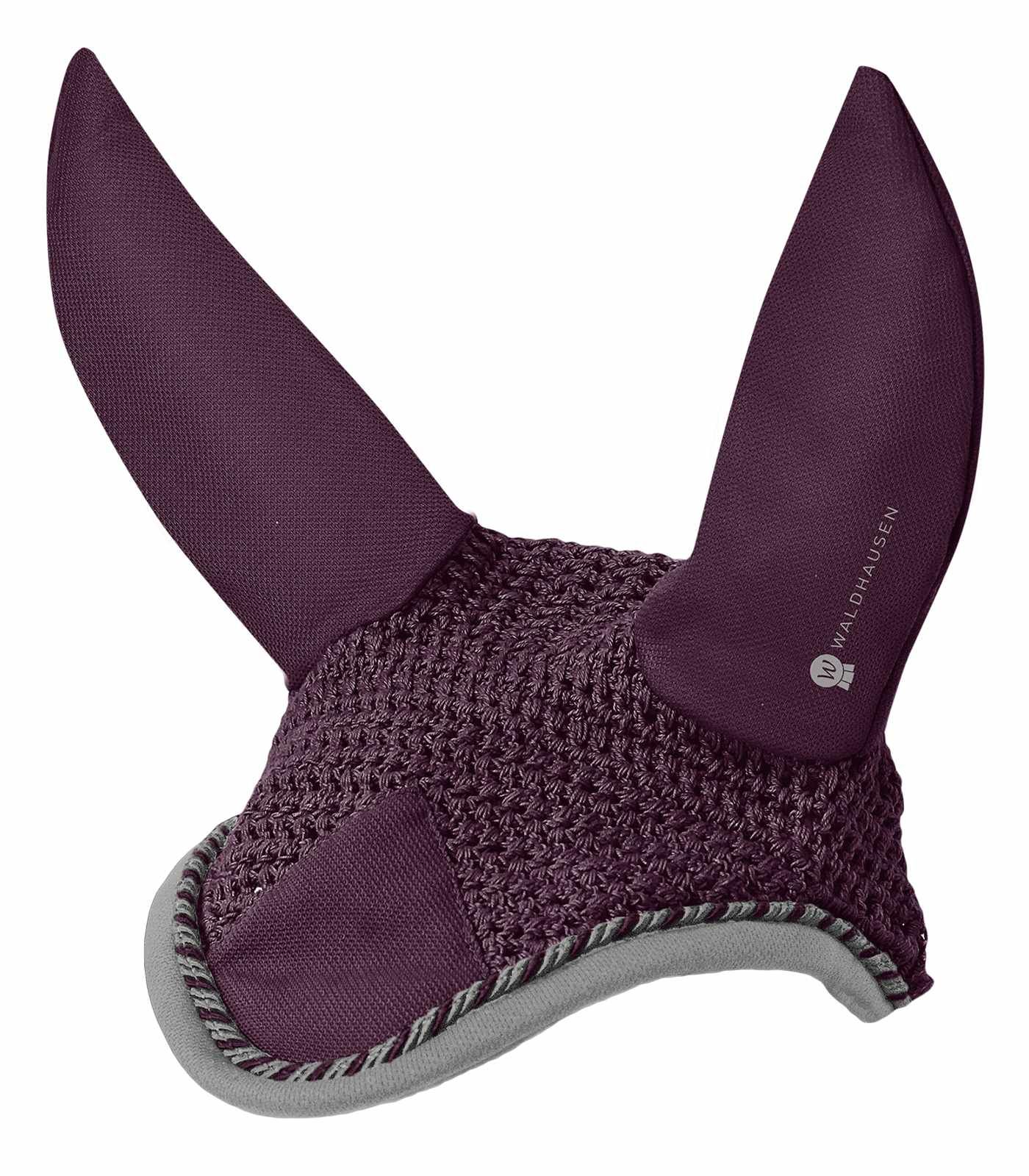 Pflaumenfarbener Fliegenohrenschutz. Gehäkeltes Stirnband, Ohren aus Stoff. Waldhausen-Logo.