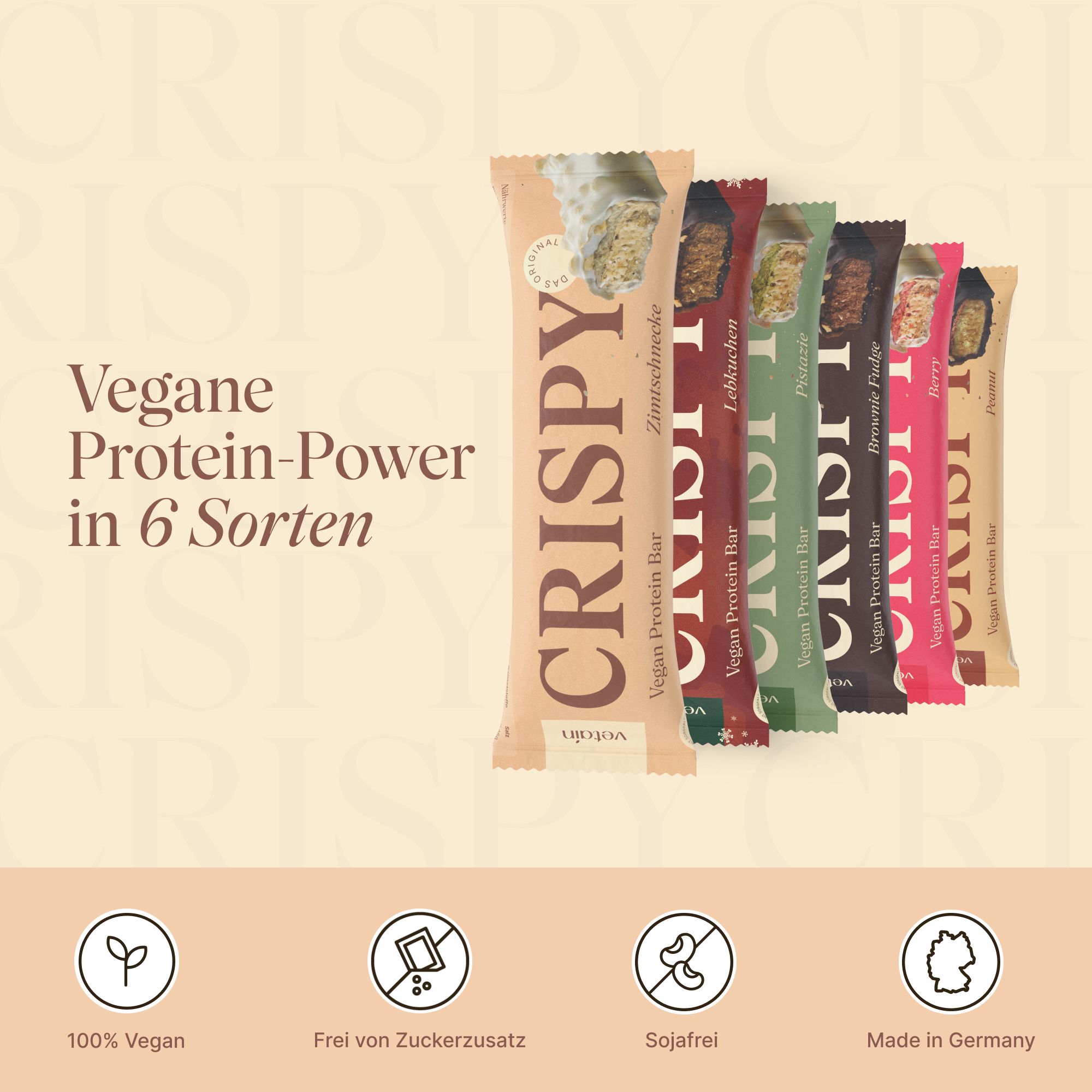Sechs Proteinriegel in verschiedenen Farben. Aufschrift "CRISPY" und "Vegan Protein Bar".