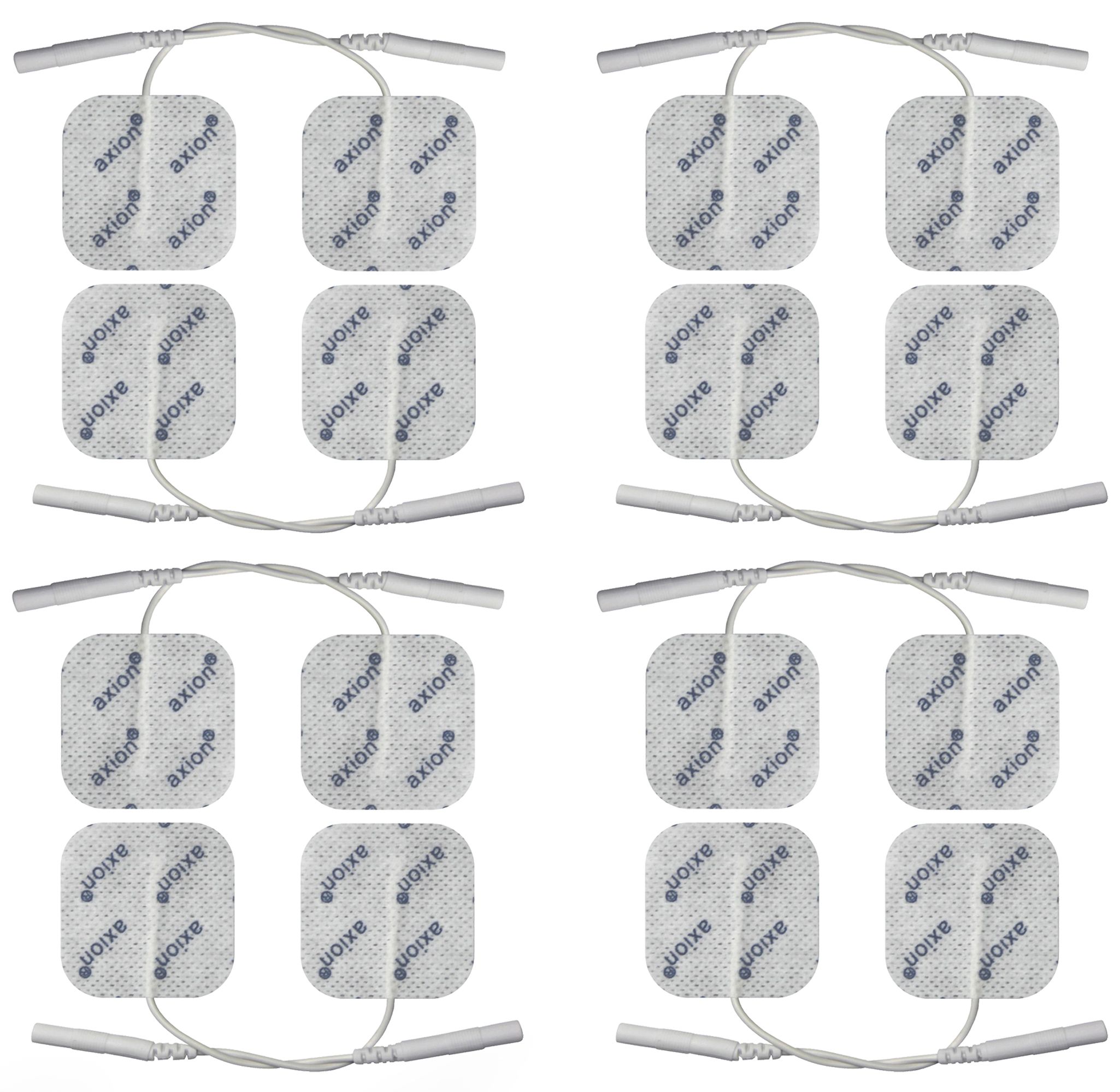 Mehrere Elektrodenpads mit axion-Logo, quadratisch, mit Kabeln. Anordnung: 4 x 4 Pads.