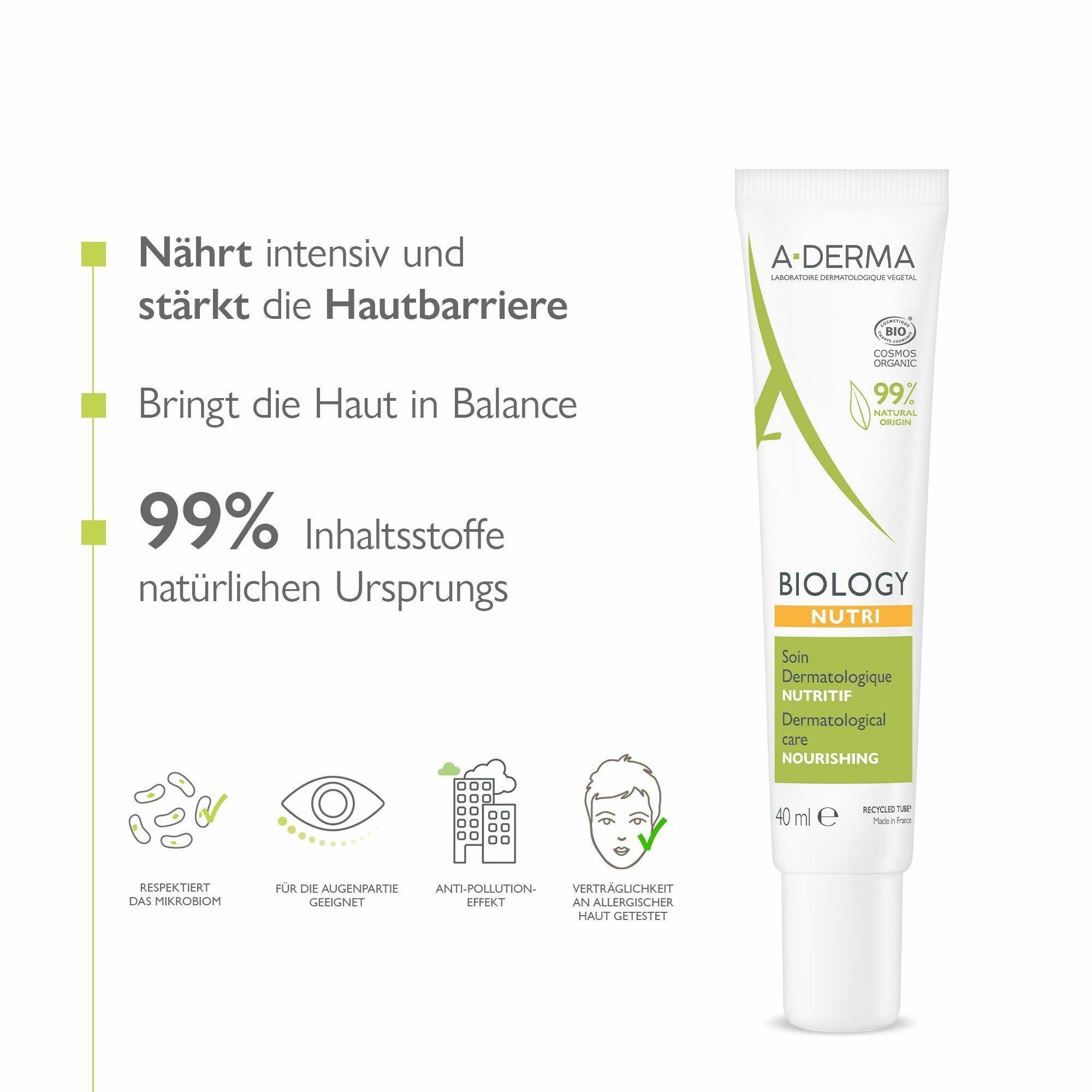 Weiße Tube mit grüner Schrift. A-DERMA BIOLOGY NUTRI. 99% Inhaltsstoffe natürlichen Ursprungs. 40 ml. Bio-Zertifizierung.