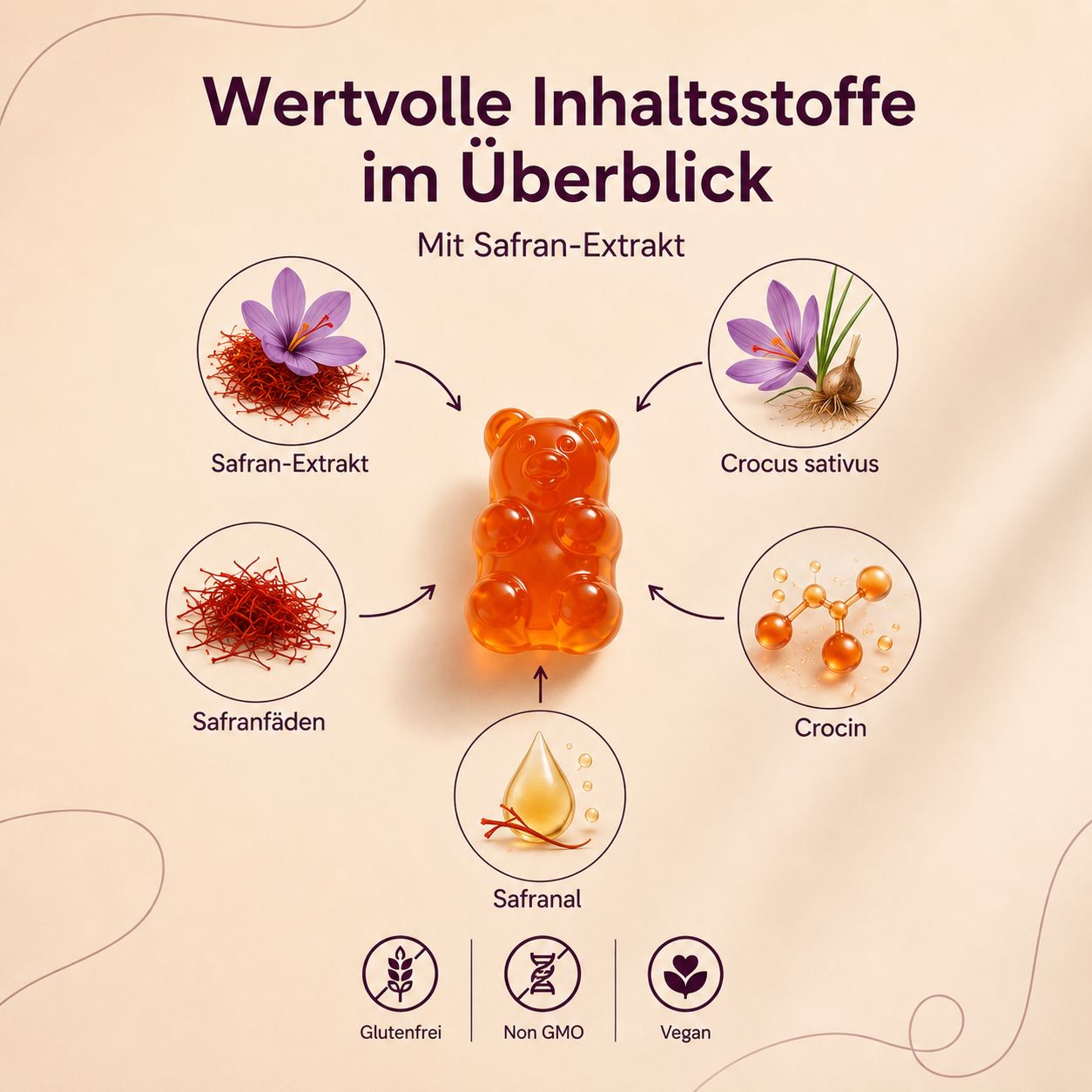 Übersicht wertvoller Inhaltsstoffe: Gummibärchen, Safranfäden, Crocus Sativus.