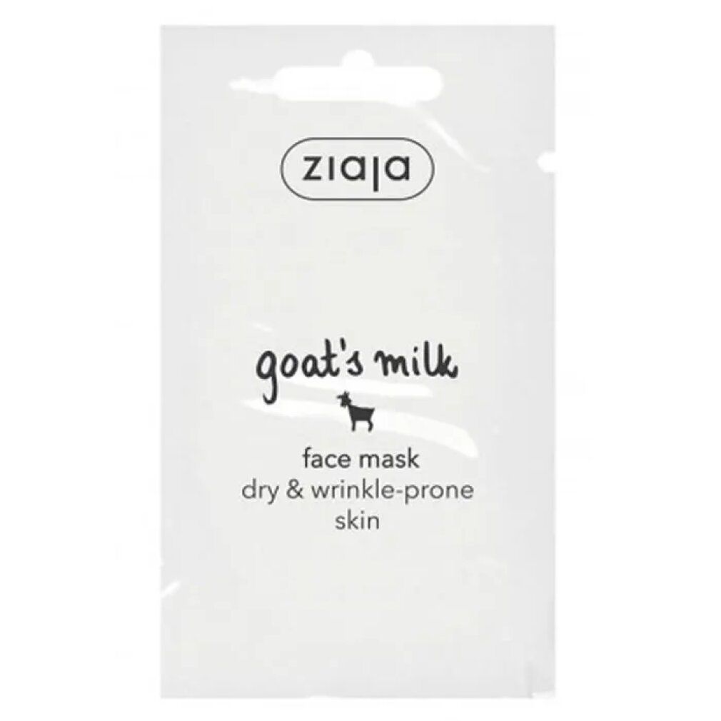 Ziaja-Gesichtsmaske in weißer Einzelverpackung. Aufschrift: goat's milk, face mask, dry & wrinkle-prone skin. Marke Ziaja.