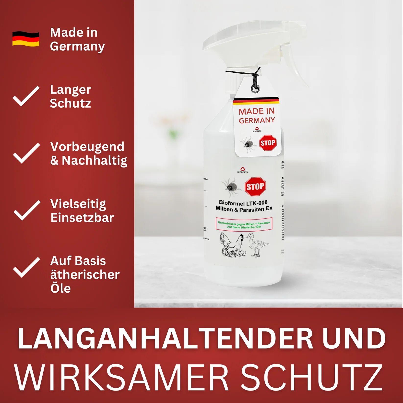 Sprühflasche mit Etikett. Text: Made in Germany, Langer Schutz, Vorbeugend & Nachhaltig, Vielseitig Einsetzbar, Auf Basis ätherischer Öle.