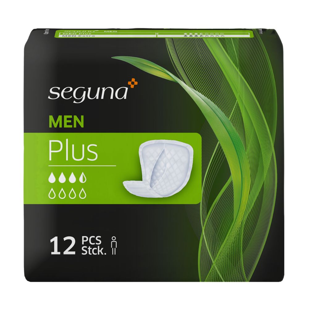 SEGUNA MEN Plus. Packung mit 12 Stück. Medizinprodukt-Logo. 4 Tropfen.