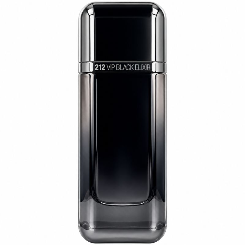 Schwarzer Flakon mit silbernem Deckel und silbernem Band, auf dem "212 VIP BLACK ELIXIR" steht.