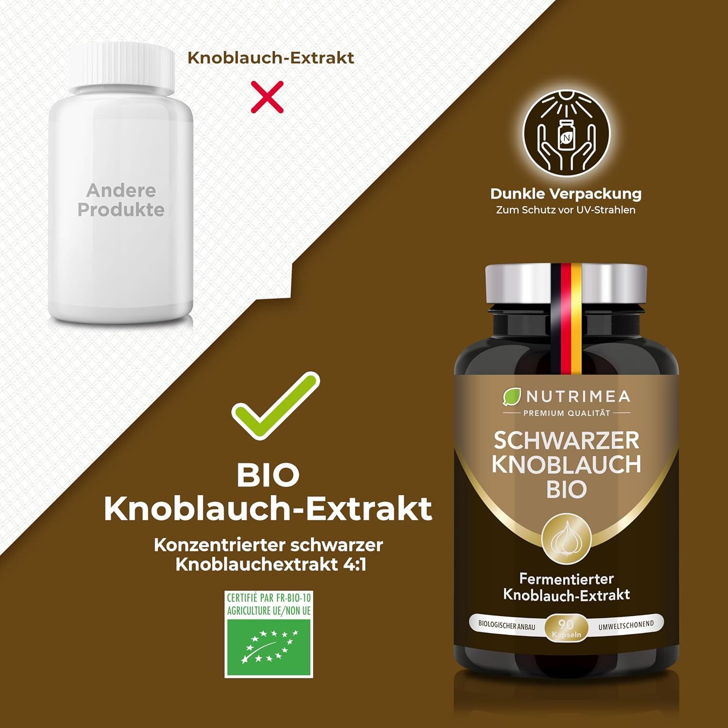 Vergleich: Schwarzer Knoblauch BIO-Extrakt (richtig) vs. anderes Produkt (falsch). Dunkle Verpackung. BIO-Zertifizierung.
