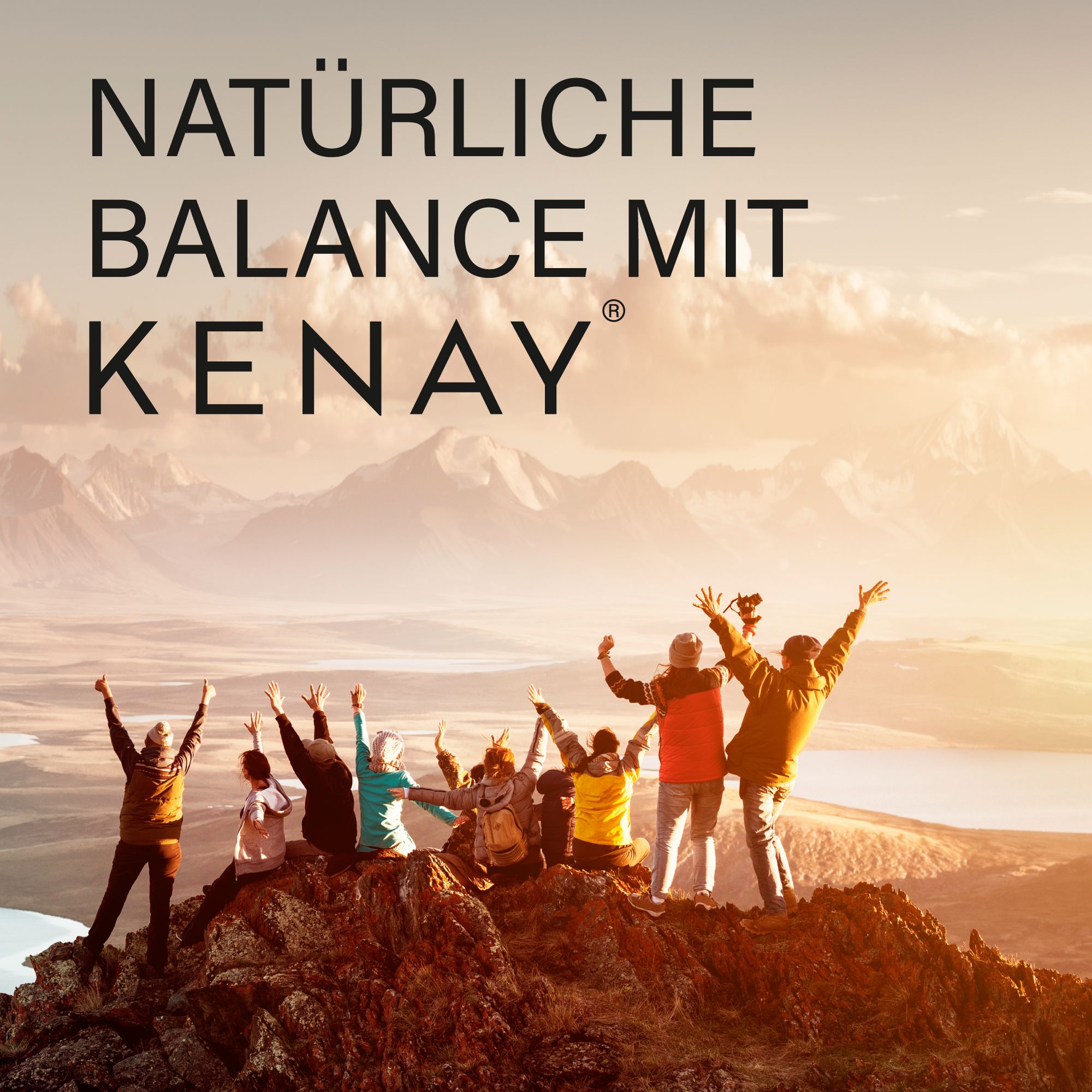 Menschengruppe auf einem Berggipfel mit erhobenen Armen. Text: NATÜRLICHE BALANCE MIT KENAY®.
