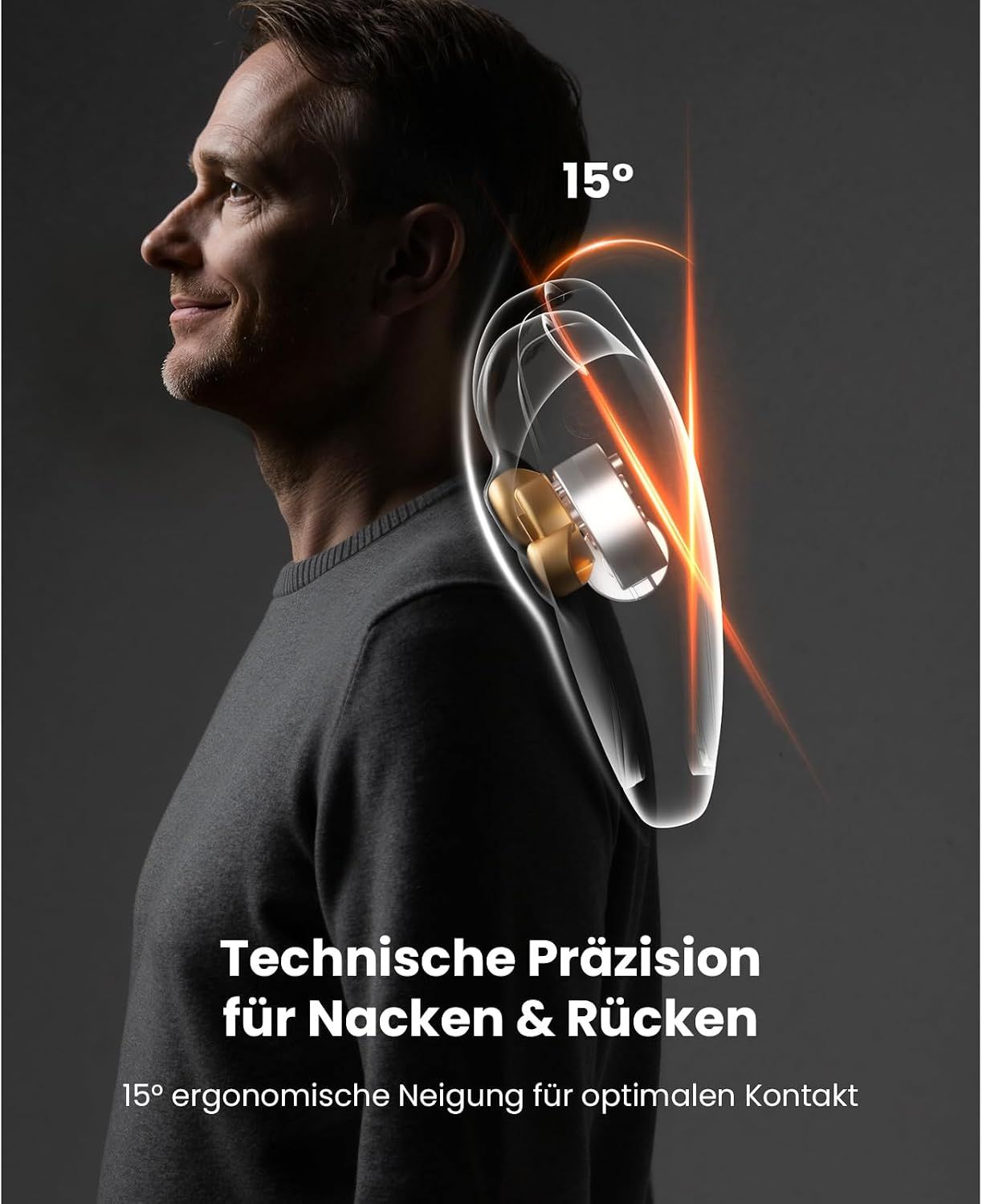 Detailansicht des Nackenmassagegeräts mit 15° ergonomischer Neigung für Nacken und Rücken.