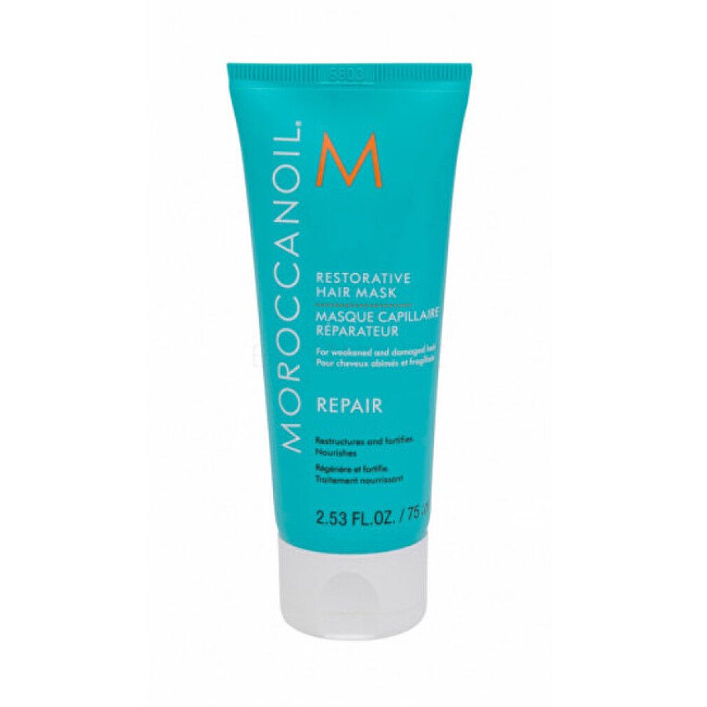 Türkisfarbene Tube mit weißem Deckel. Aufschrift: Moroccanoil, Restorative Hair Mask, Repair. Orangefarbenes Logo.