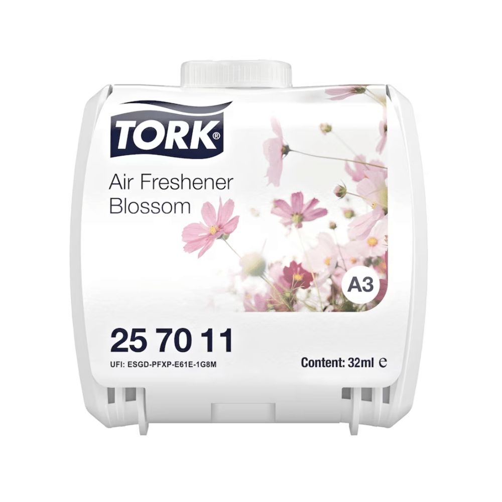 Weißer Lufterfrischer-Behälter mit Tork-Logo und floralem Design. Enthält 32ml. Produktbezeichnung: Air Freshener Blossom. Mit der Nummer 25 70 11.