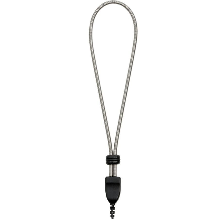 Grauer, flexibler Ring mit schwarzem Anschluss und Kabel. Der Ring ist mit einem schwarzen Element verbunden.