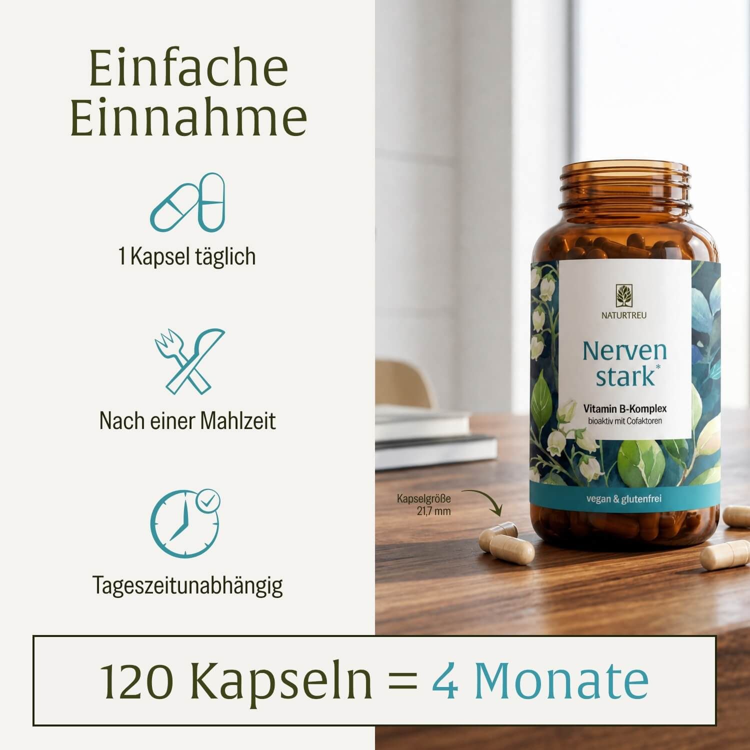 Flasche Naturtreu Nerven stark Vitamin B-Komplex neben Kapseln und Icons, die einfache Einnahme und 120 Kapseln für 4 Monate zeigen.