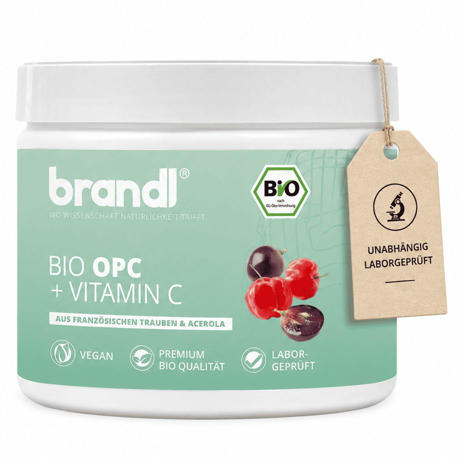 Weiße Dose brandl® BIO OPC + Vitamin C, Trauben, Acerola. Anhänger: Laborgeprüft. Text: Aus französischen Trauben & Acerola, vegan, Premium Bio Qualität.