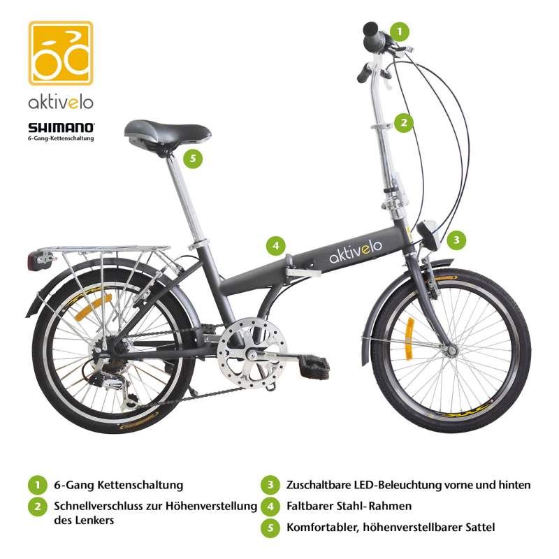 Graues Faltrad, 20 Zoll, mit Shimano-Schaltung. Beschriftung: aktivelo. Komponenten: 6-Gang, LED-Beleuchtung, Stahlrahmen, Sattel.