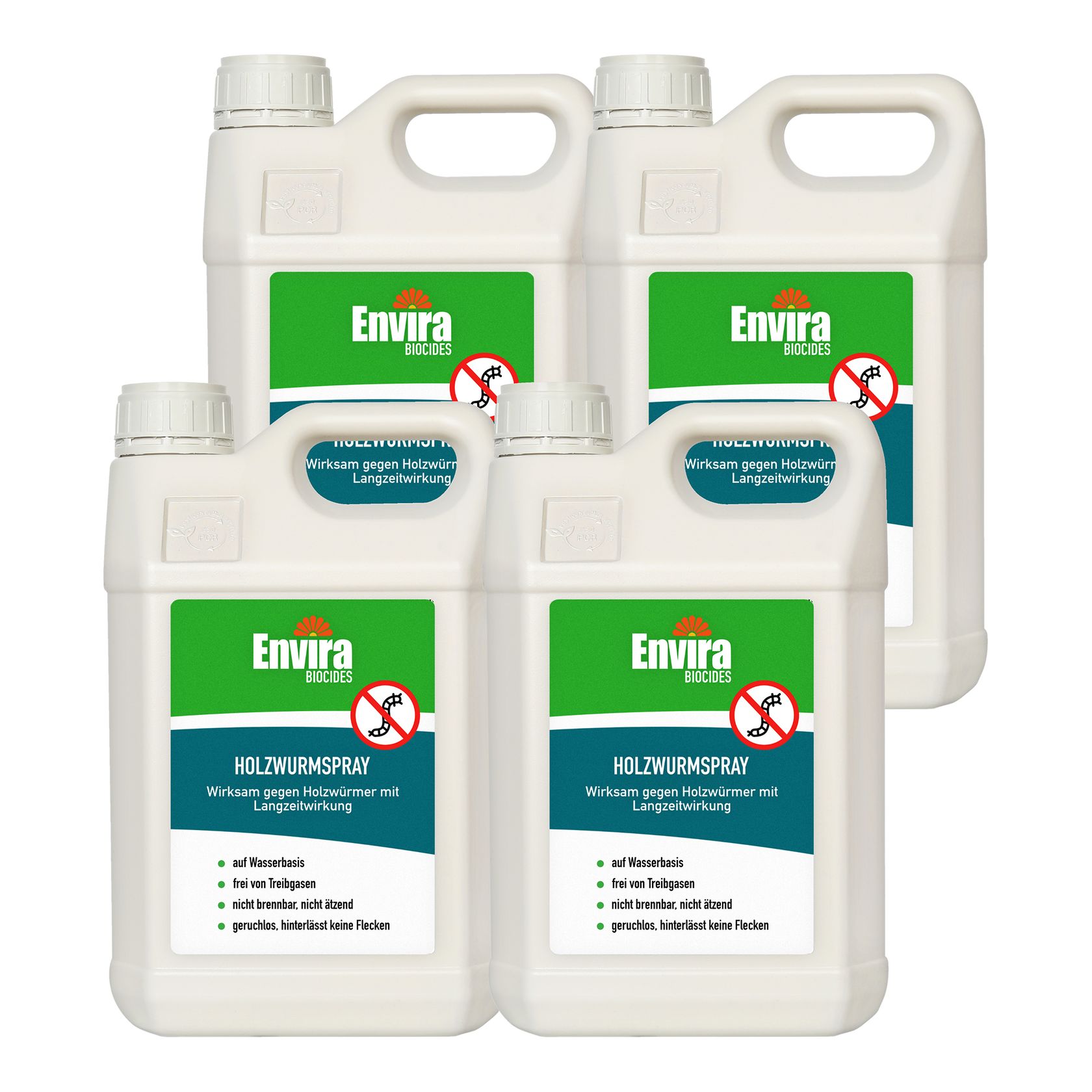 Vier weiße Kanister Envira Holzwurmspray, grünes Etikett, Text und Logo. Mit Griff und Schraubverschluss.