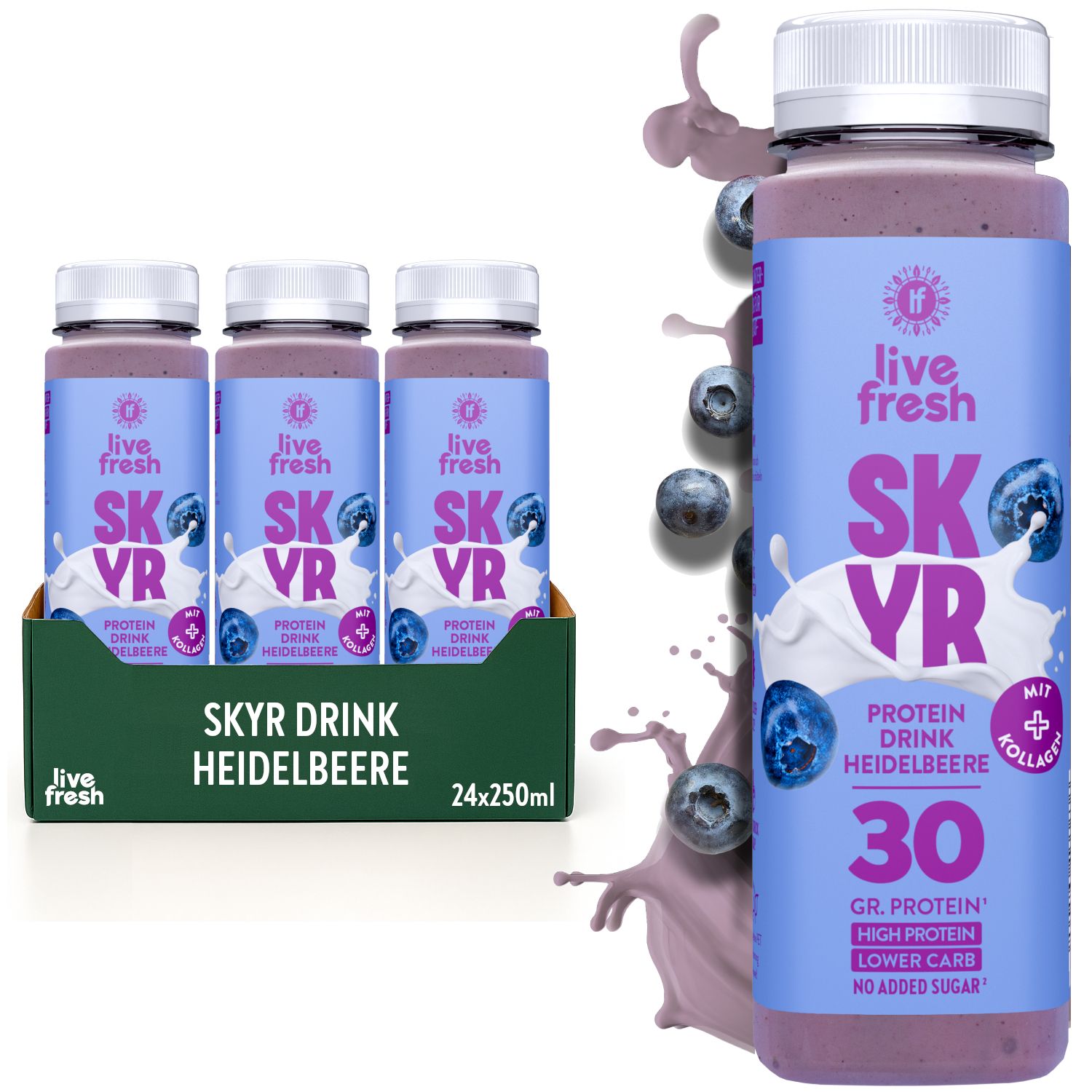 Mehrere Flaschen Skyr Drink Heidelbeere in einer Verpackung. Aufschrift: Skyr, Protein Drink, Heidelbeere, 30 gr. Protein, High Protein, Lower Carb, No Added Sugar.