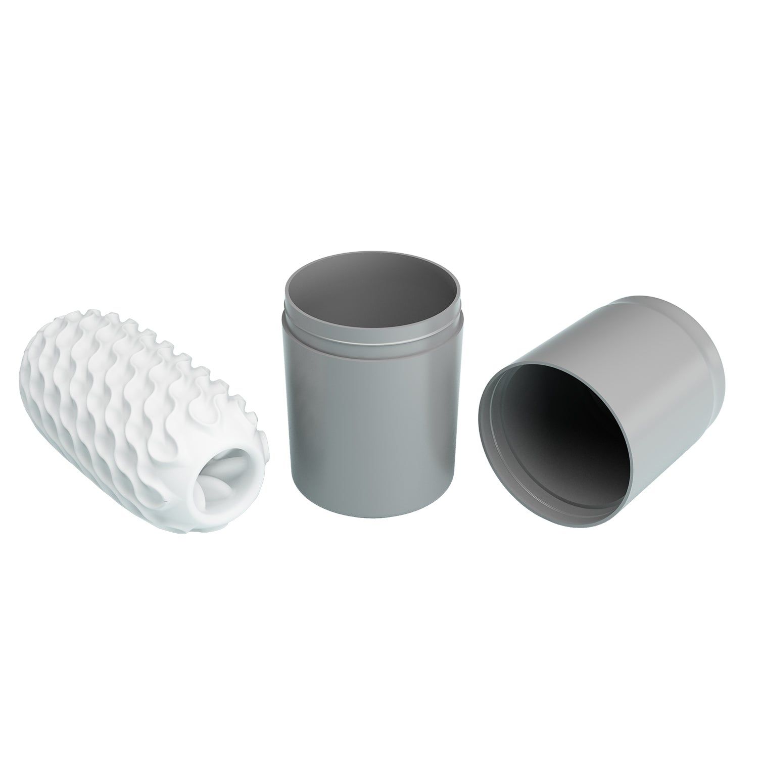 Weißes, längliches Produkt mit wellenförmiger Oberfläche, neben einer grauen Dose mit Deckel.