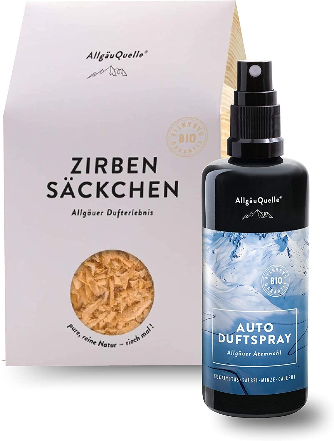 AllgäuQuelle Bio Autoduft-Set Lufterfrischer Eukalyptus mit Zirben-Säckchen  als natürlichem Duftbaum 100 ml 