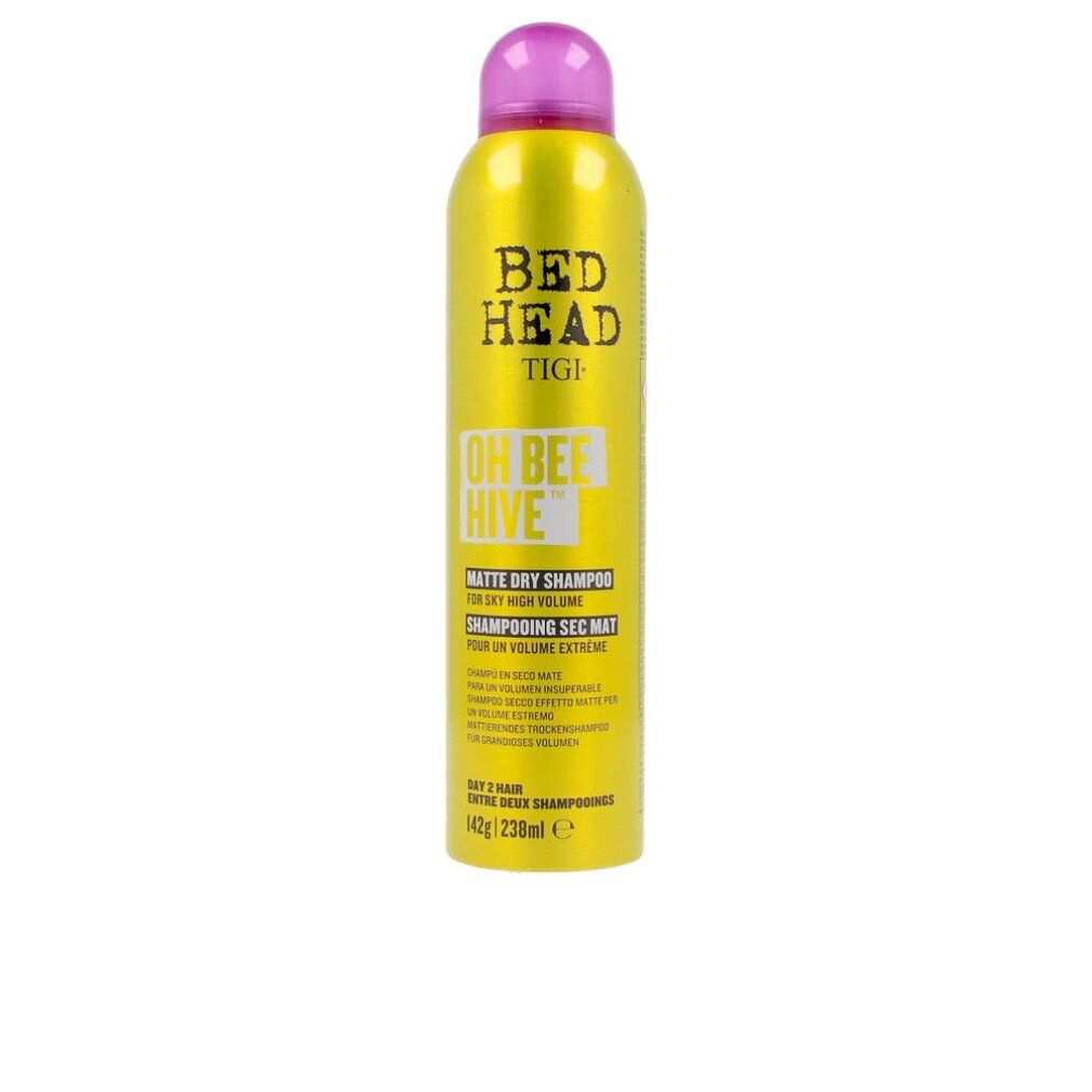 Gelbe Sprühflasche mit pinkfarbenem Deckel. Aufschrift: Bed Head, Tigi, Oh Bee Hive, Matte Dry Shampoo. Volumen: 238ml.