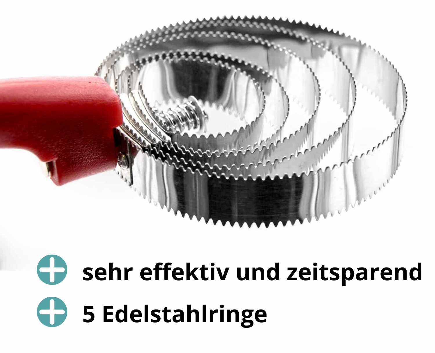 Federstriegel mit rotem Griff. Text: sehr effektiv und zeitsparend, 5 Edelstahlringe.