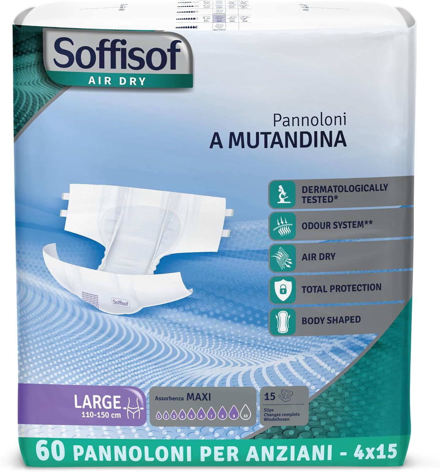 Soffisof Air Dry Windeln für Erwachsene Maxi. Weiße Windel mit blauer Verpackung. Größe Large, 110-150 cm.