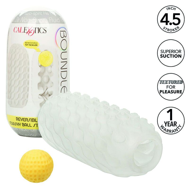 Verpackung und Masturbator mit abnehmbarem Tickler. "4.5 INCH STROKER", "SUPERIOR SUCTION", "TEXTURED FOR PLEASURE", "1 YEAR WARRANTY".