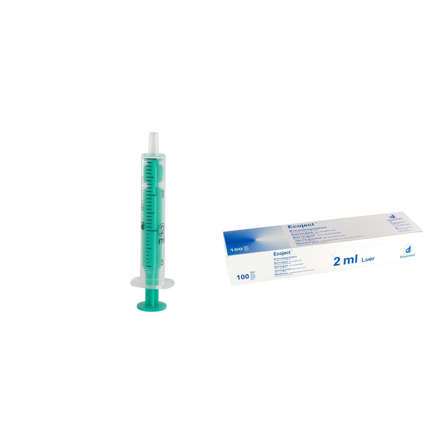 Transparente Spritze mit grünen Elementen und Verpackung. Aufschrift: 2 ml. Verpackung mit Logo.