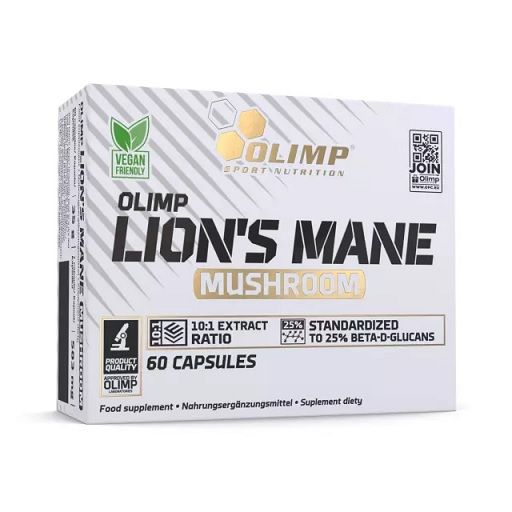 Olimp Lion's Mane Mushroom. Weiße Schachtel mit Produktnamen, Logo und Text. Vegan-Siegel. 60 Kapseln.
