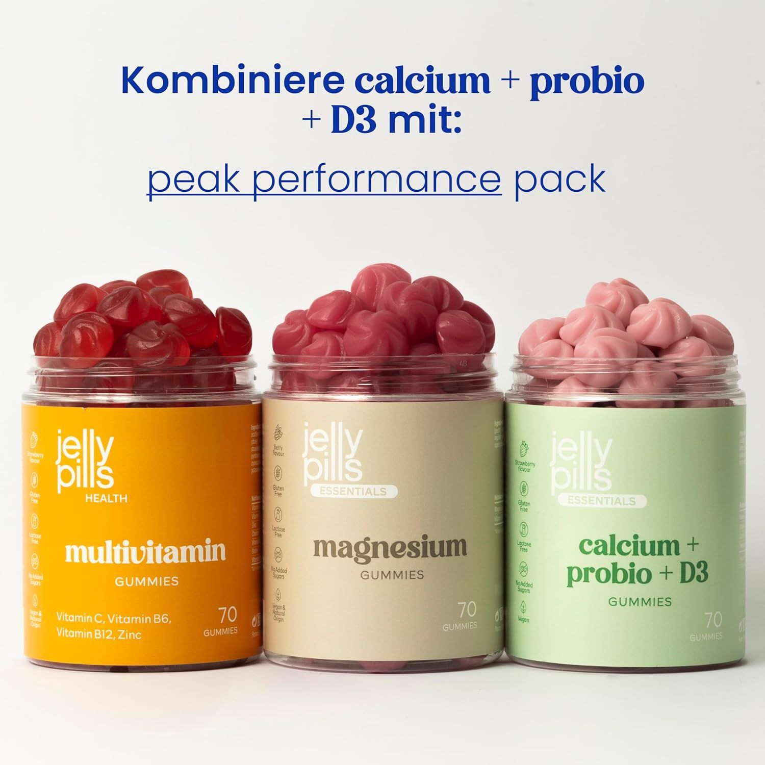 Drei Dosen "Jelly Pills": Multivitamin, Magnesium, Calcium + Probio + D3 Gummies. 70 Gummies pro Dose.
