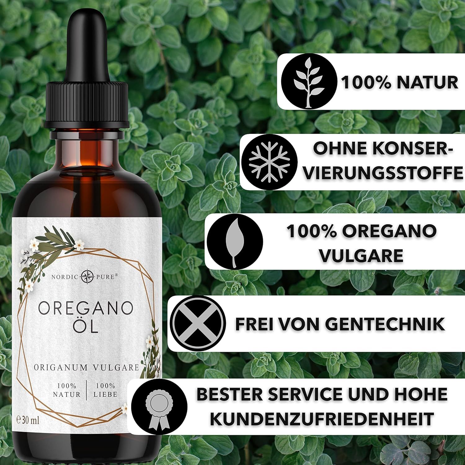 Braune Glasflasche mit Tropfer. Nordic Pure Oreganoöl, 30 ml. 100% Natur, 100% Oregano Vulgare. Frei von Gentechnik.
