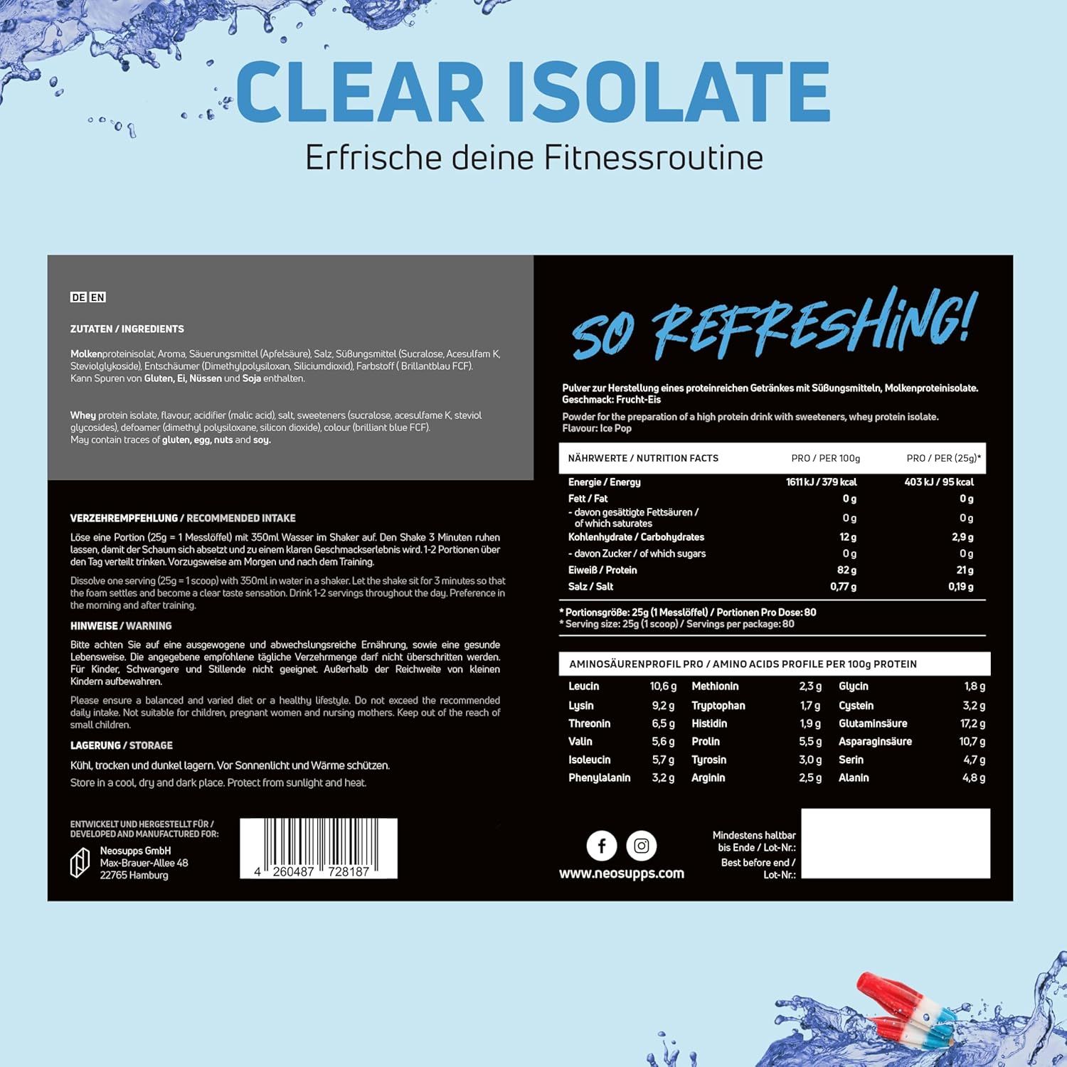 Rückseite einer Verpackung mit Zutaten, Nährwertangaben und Aminosäureprofil für "Clear Isolate"-Pulver.