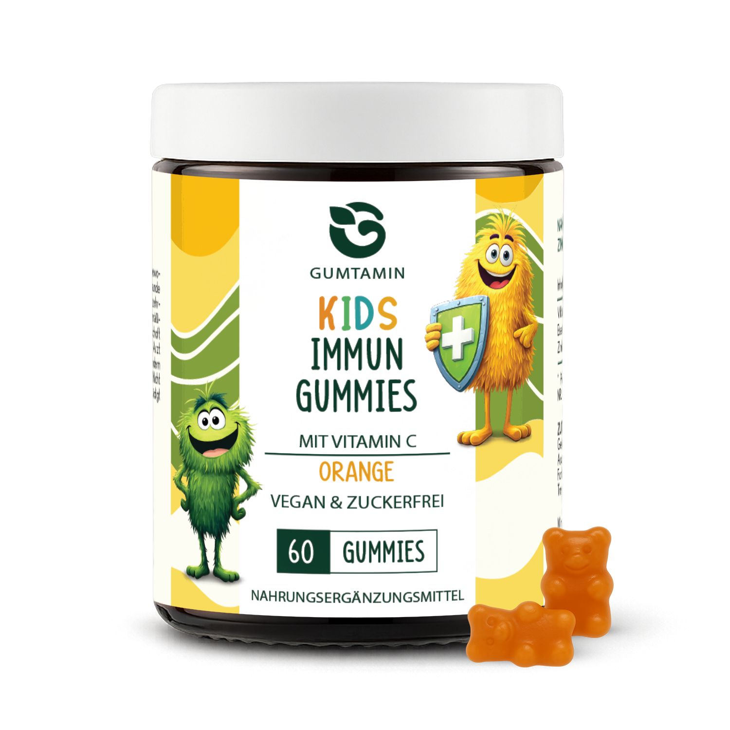 Dose Gumtamin Kinder Immun Gummies mit Vitamin C. Orangefarbene Gummibärchen. 60 Gummies. Vegan & zuckerfrei.