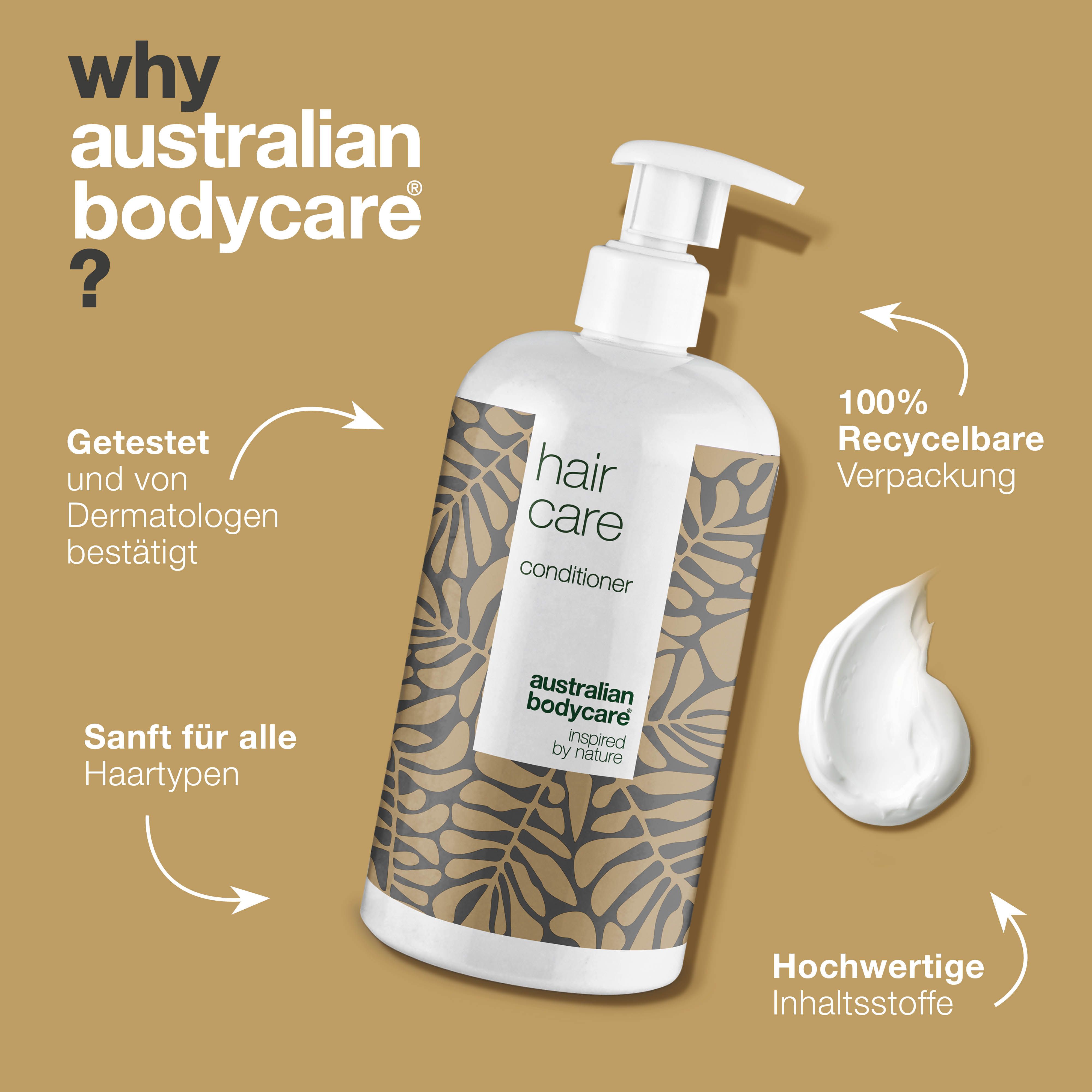 Flasche Conditioner und Creme. Text: Hair Care, Australian Bodycare. Text: 100% recycelbare Verpackung, hochwertige Inhaltsstoffe.