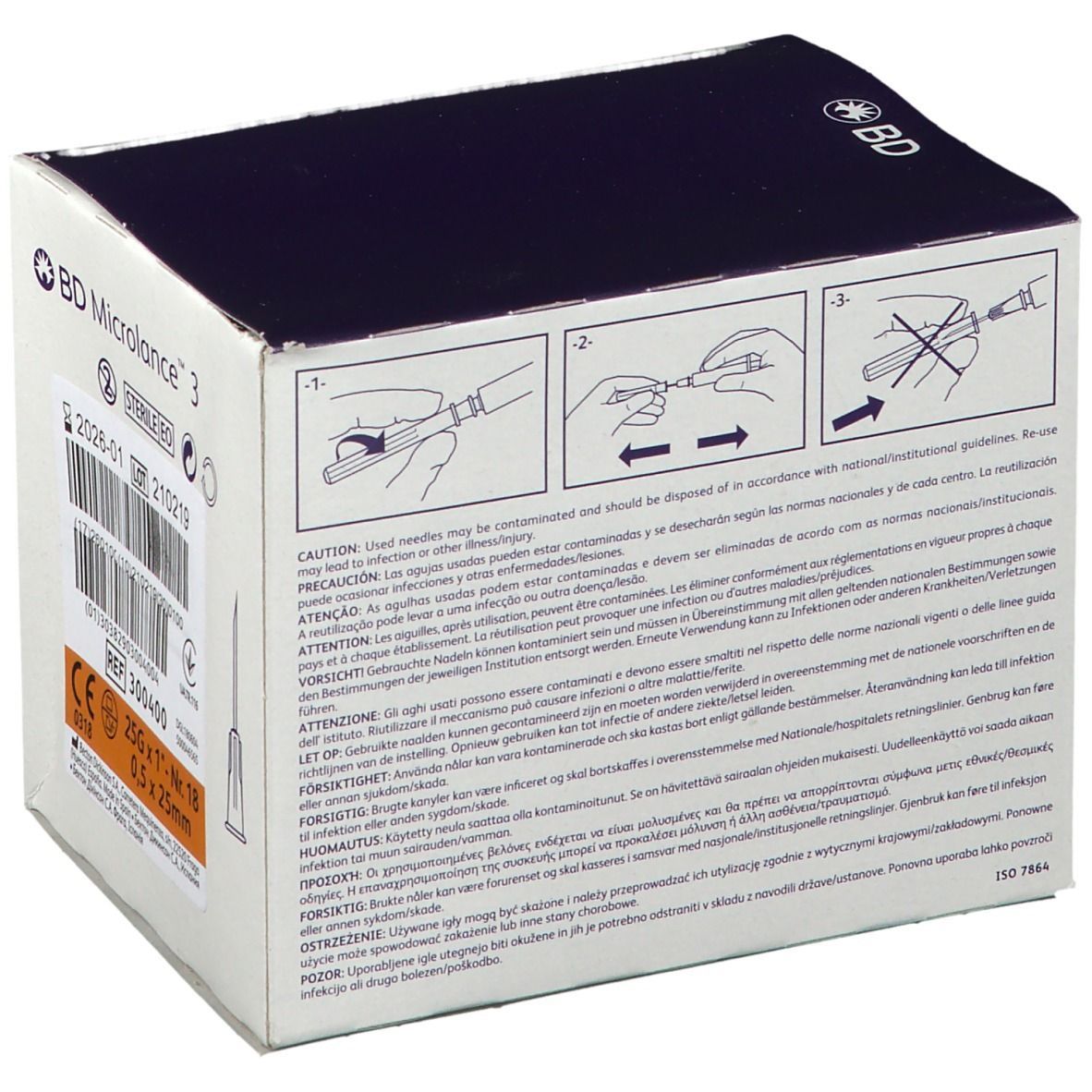 Karton mit BD Microlance 3 Kanülen. Aufdrucke und Piktogramme. Rückseite mit Gebrauchsanweisungen und Warnhinweisen.