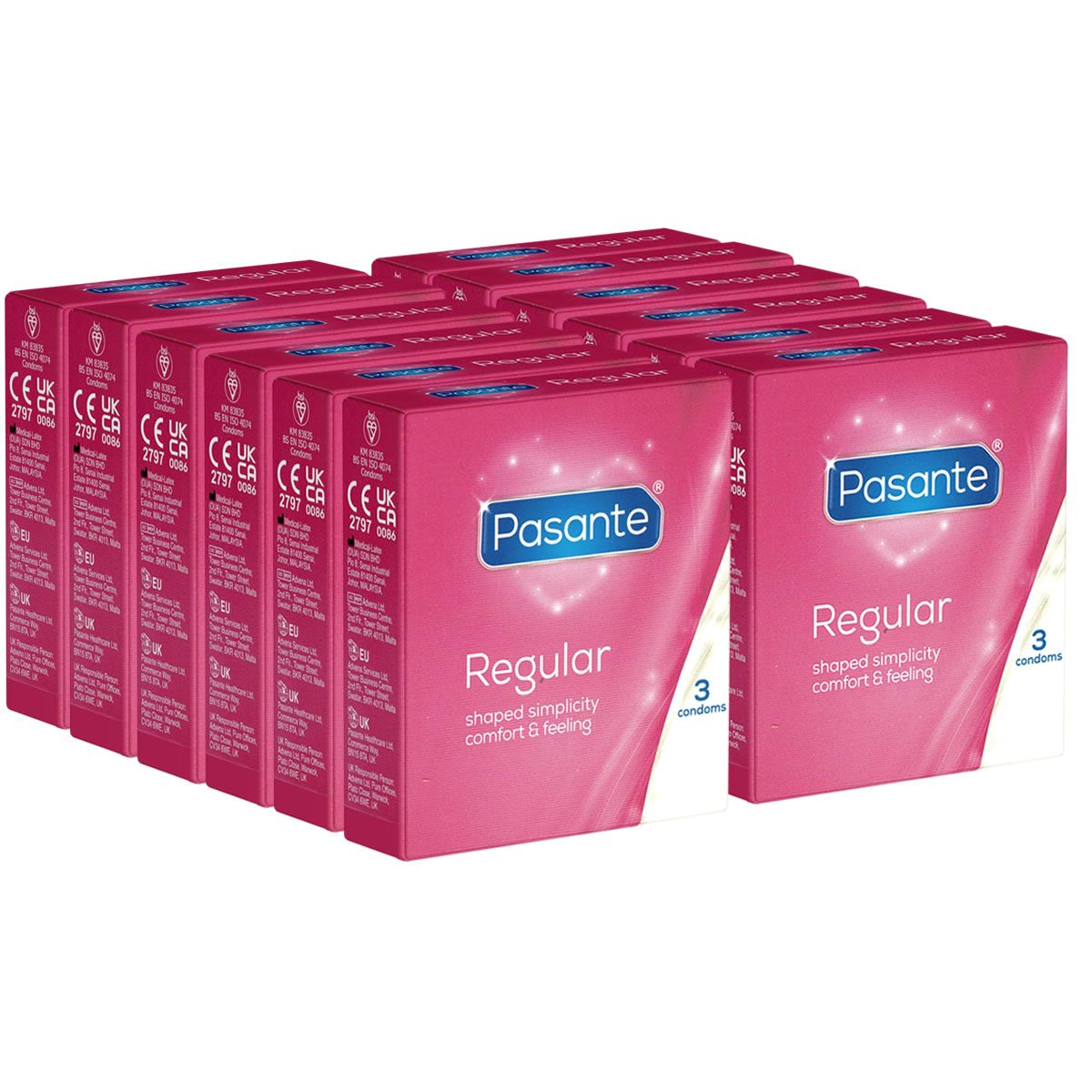 Rosa Verpackungen mit Kondomen. Aufschrift: Pasante Regular, 3 Kondome. CE-Kennzeichnung.