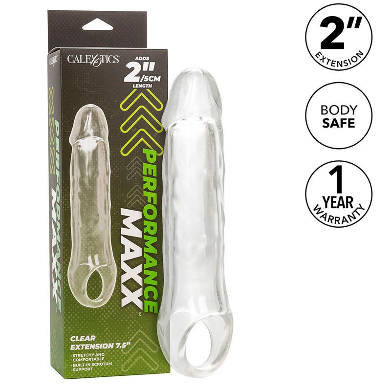 Transparente Penisverlängerung mit Verpackung. Aufschrift: Performance Maxx, 2" Extension, Body Safe, 1 Jahr Garantie.
