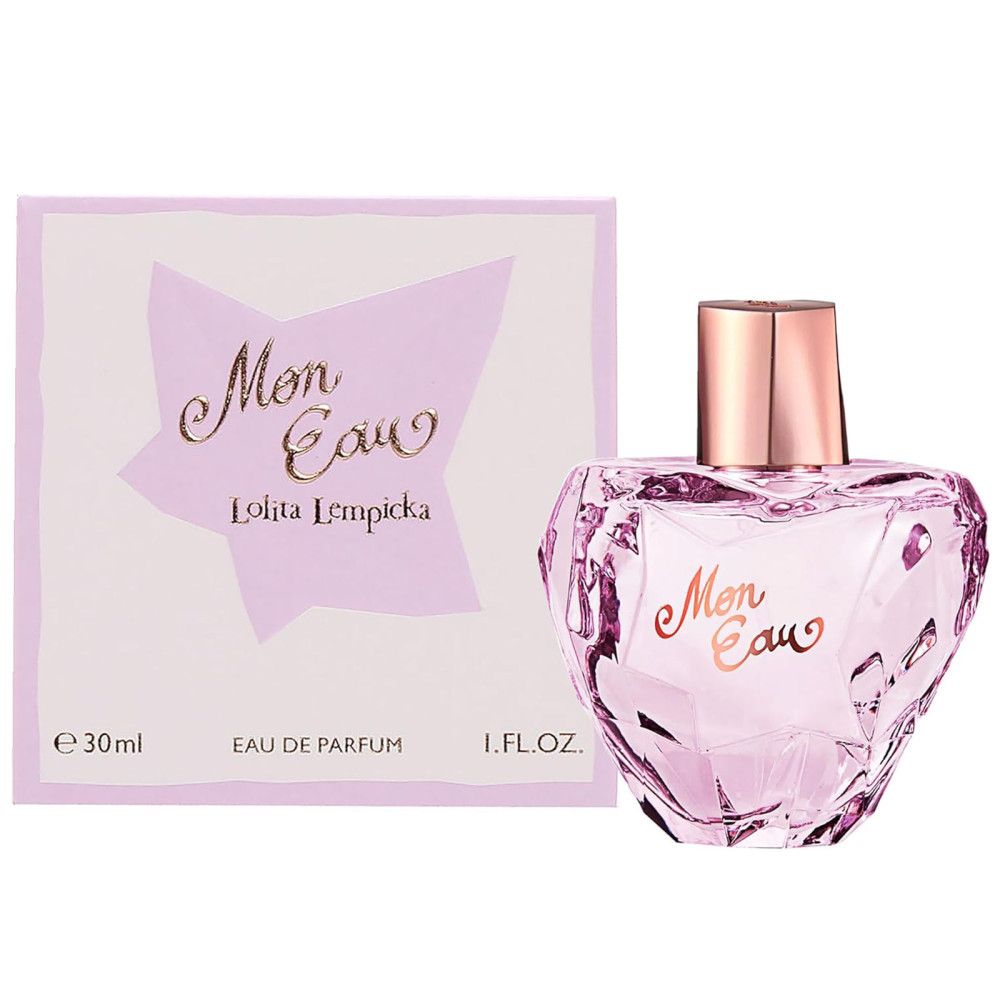 Rosafarbener Flakon mit goldfarbenem Verschluss und Verpackung. Aufschrift: Mon Eau, Lolita Lempicka, Eau de Parfum, 30 ml.