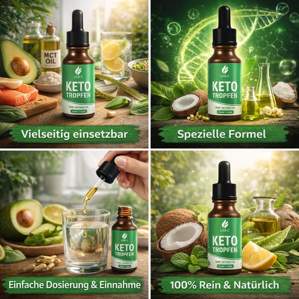 Vier Bilder mit braunen Flaschen und grüner Aufschrift. Verschiedene Hintergründe mit Zutaten und Wasser.