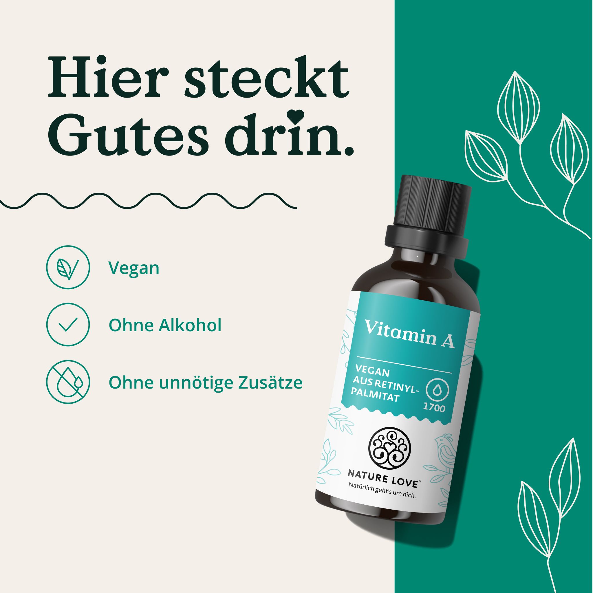 Flasche mit Vitamin A Tropfen, "Vegan", "Ohne Alkohol", "Ohne unnötige Zusätze".