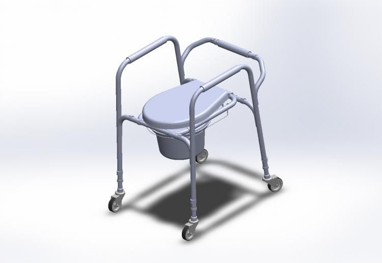 Toilettenstuhl mit Rollen. Grauer Metallrahmen, Sitz und Eimer. Vier Rollen an den Beinen. Armlehnen. Perspektivische Ansicht.